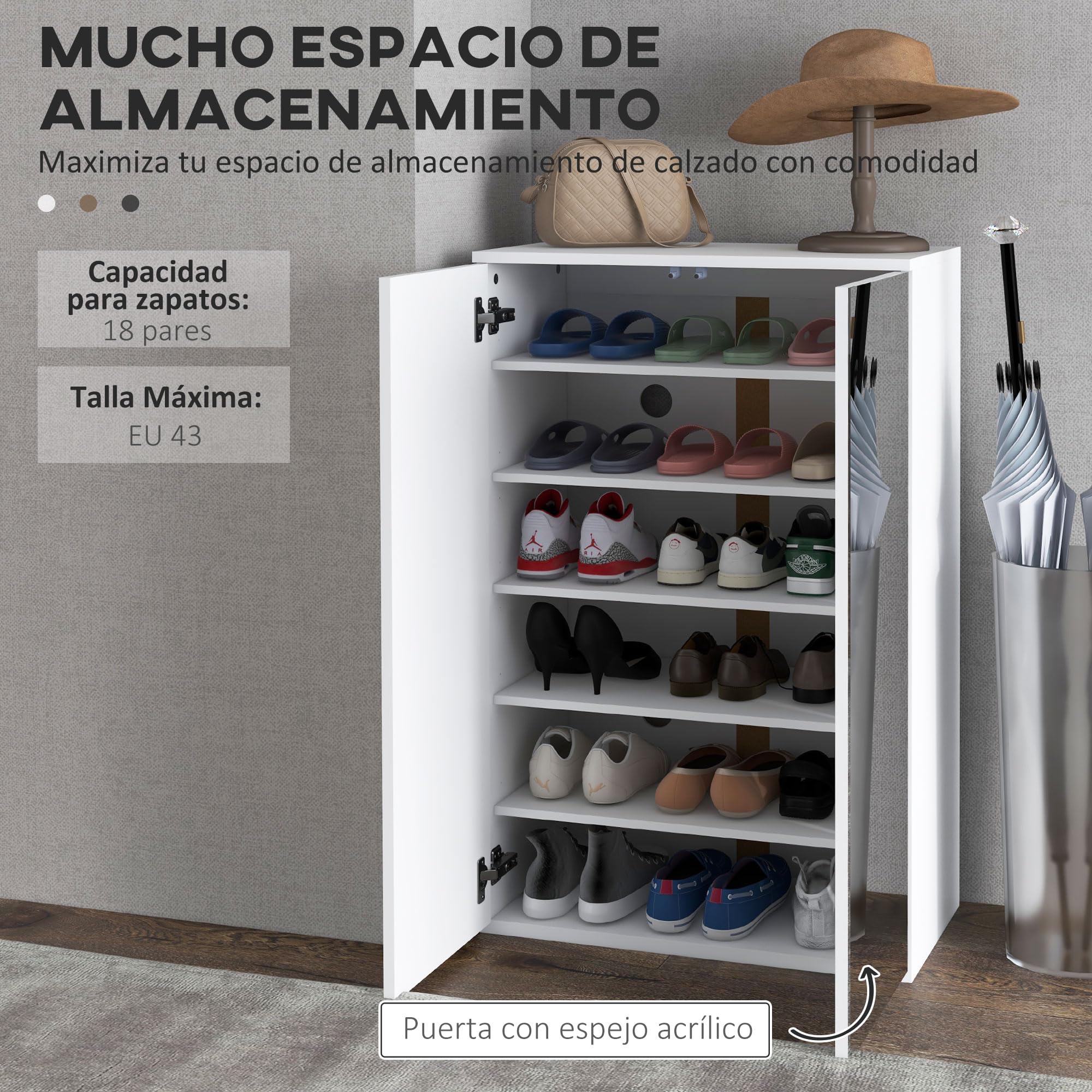 HOMCOM Mueble Zapatero con Espejo Armario Zapatero 60x32x95 cm Blanco | 18 Pares de Zapatos, 5 Estantes Ajustables, para Recibidor