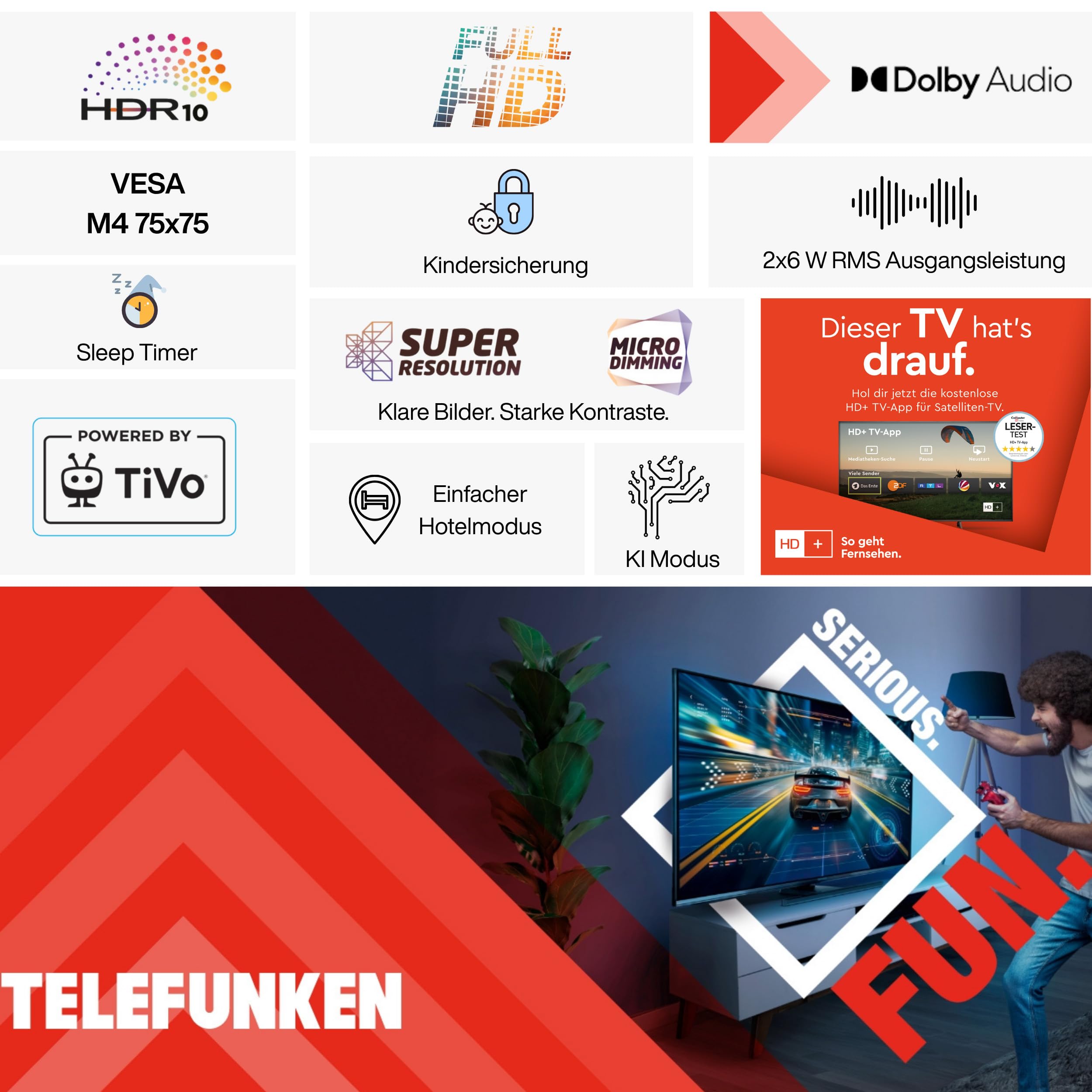 TELEFUNKEN XF40TP900S Fernseher 40 Zoll Smart TV Powered by TiVo Full HD, HDR TV mit Triple-Tuner und 6 Monate HD+ inkl., LED Fernseher (2026)