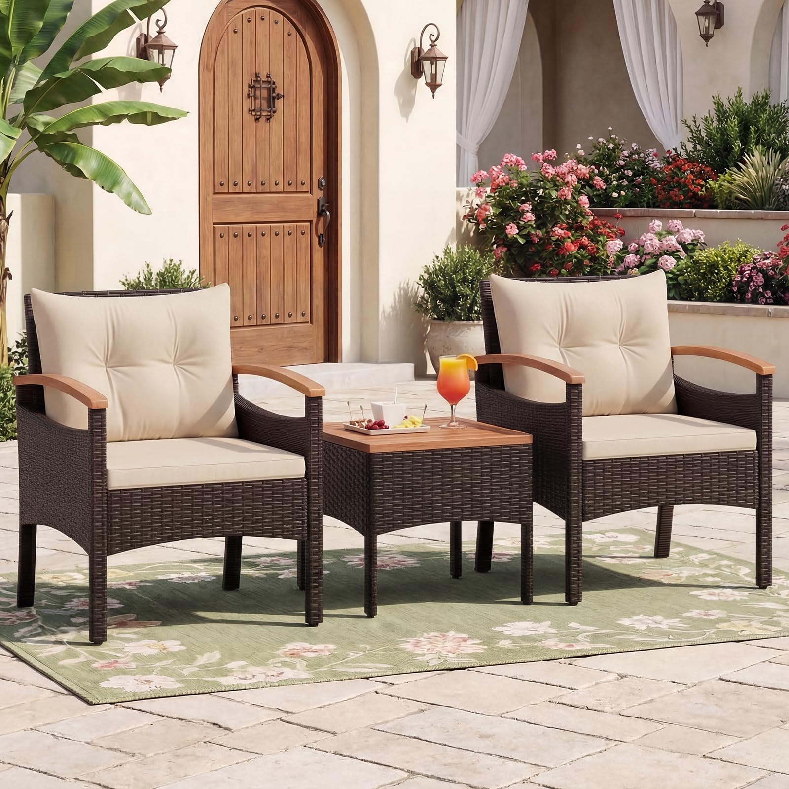 SOARS Salón de Jardín 3 Piezas, 2 Sillones de Ratán PE, Mesa de centro con bandeja de madera de acacia, Cojines acolchados extraíbles, Almohada Lumbar, Muebles para Patio, Terraza (Marr+Beige)