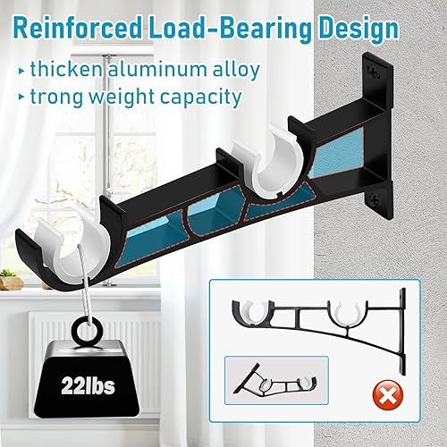 Miniatura 3 de Soportes dobles para barra de cortina, paquete de 6 soportes resistentes de 1 pulgada para cortinero, ganchos negros para colgar en la pared