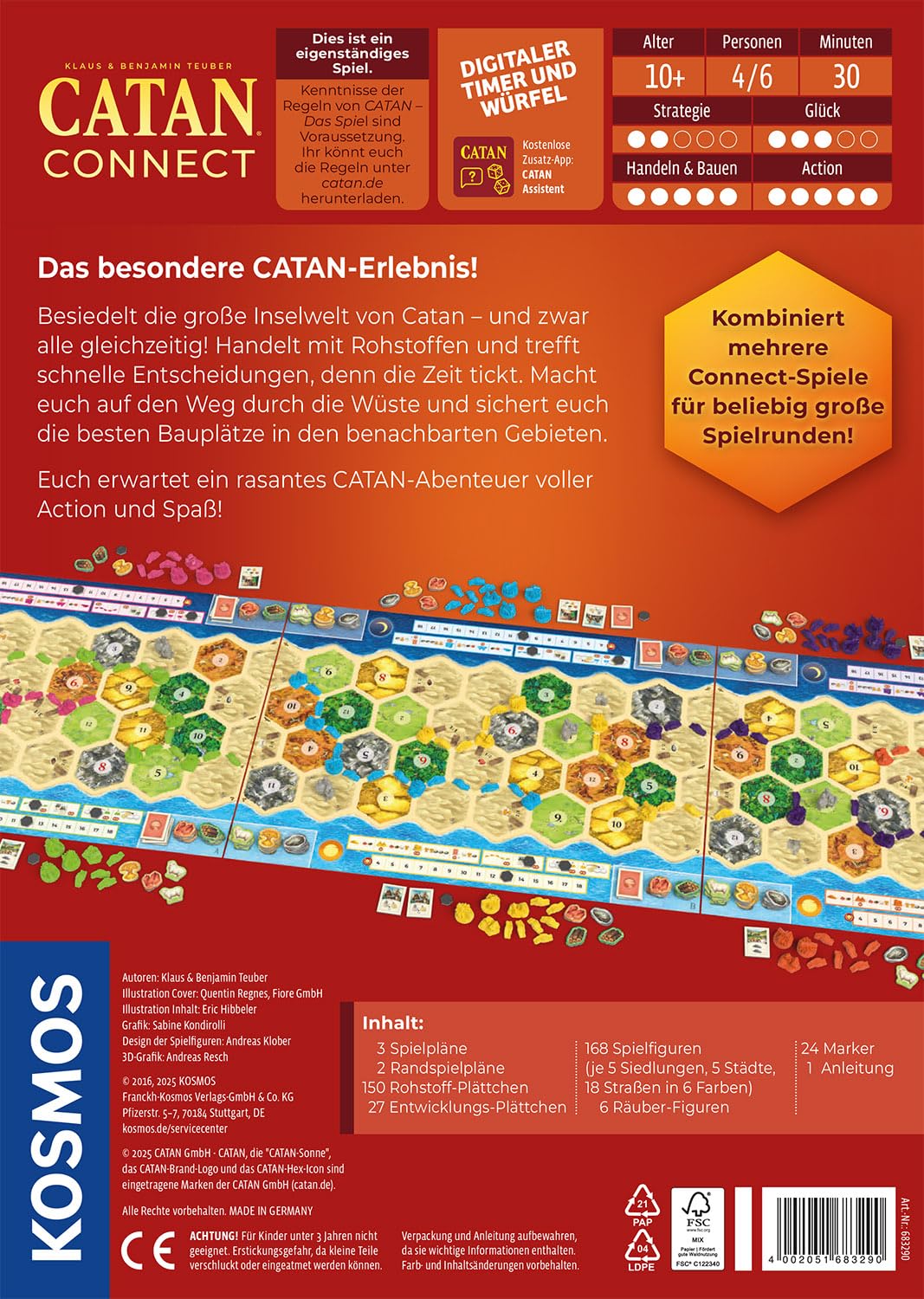 Kosmos 683290 Catan Connect, Catan Big Game für 4-6 Personen, mit Mehreren Connect-Spielen für beliebig große Spielrunden, EIN eigenständiges Spiel aus der Catan-Welt