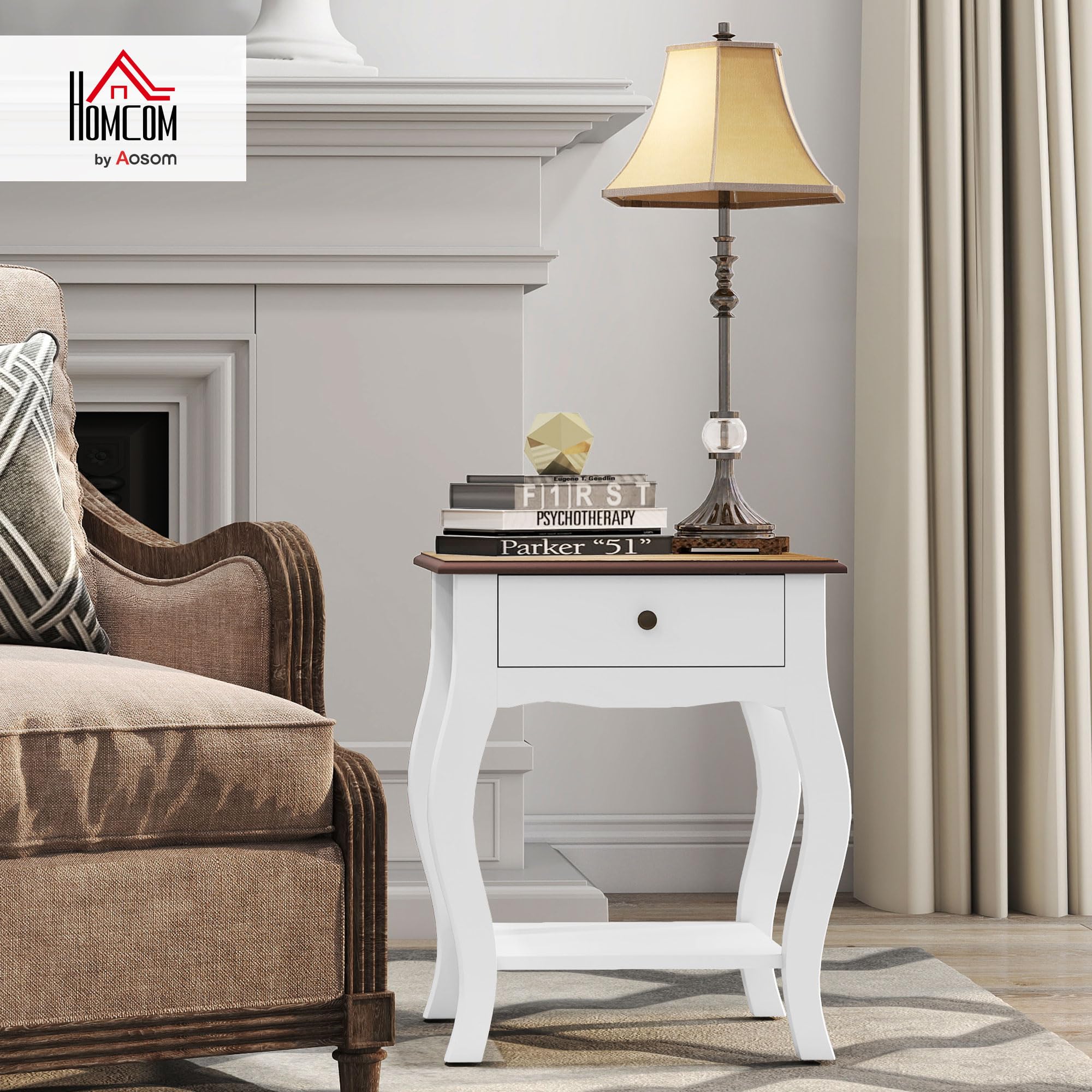 HOMCOM Comodino Camera da Letto con Cassetto e Ripiano Aperto in Stile Francese, Comodino Stretto Salvaspazio in MDF, 45x35x55 cm, Bianco e Rovere