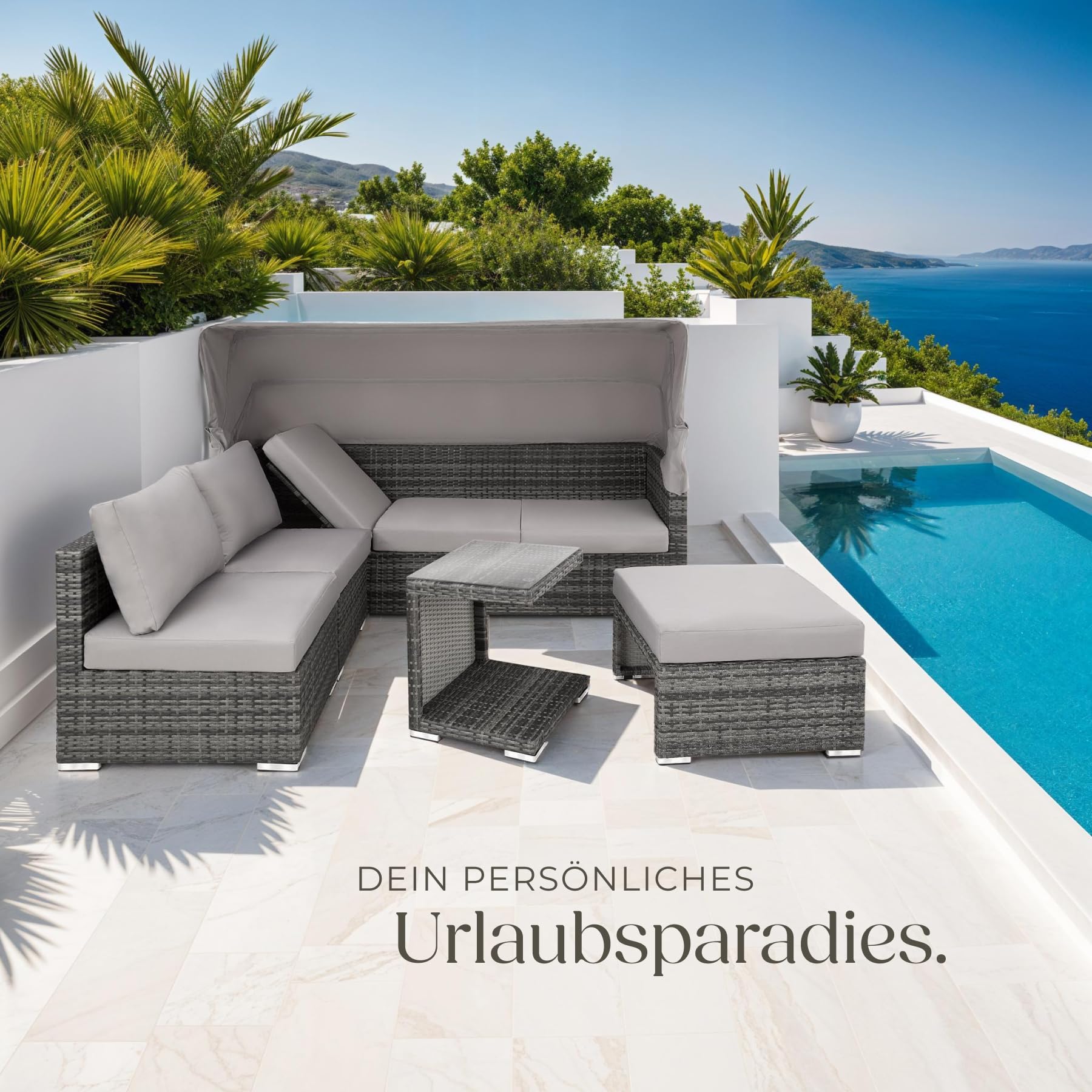 tectake® Rattan Sonneninsel Sitzgruppe, Alu Lounge Möbel Set inkl. Sofa mit Sonnendach, Hocker, Sesseln und Tisch, Outdoor Gartenmöbel, Loungemöbel Balkon und Garten, Terrassenmöbel, wetterfest - grau