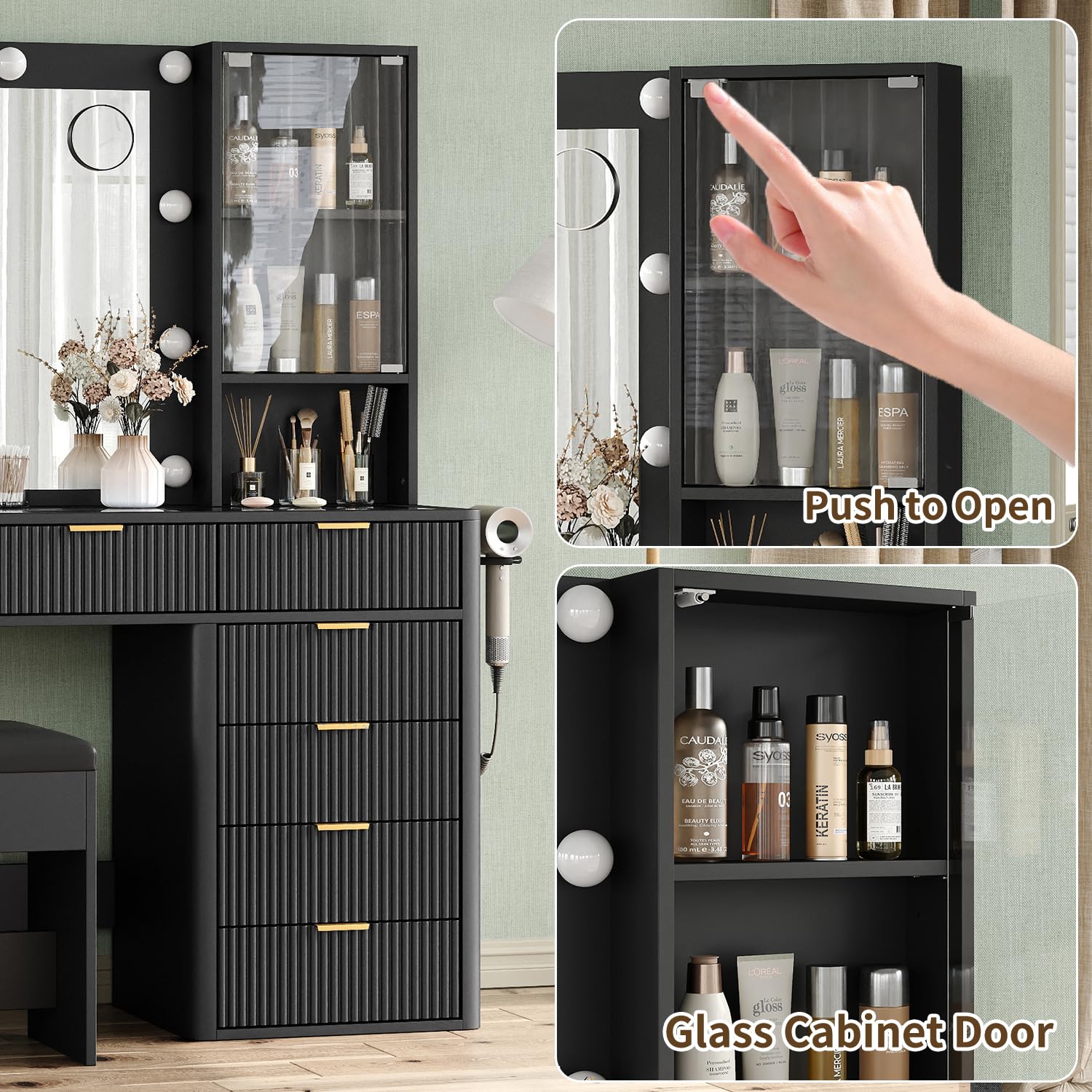 Yanosaku 47" Fluted Vanity Desk with Mirror & LED Lights, 7-Drawer Makeup Vanity with Glass Top & Cabinet, Vanity with Chair & Charging Station, 3 Lighting Modes, for Bedroom, Natural Oak: 7 Drawers Black