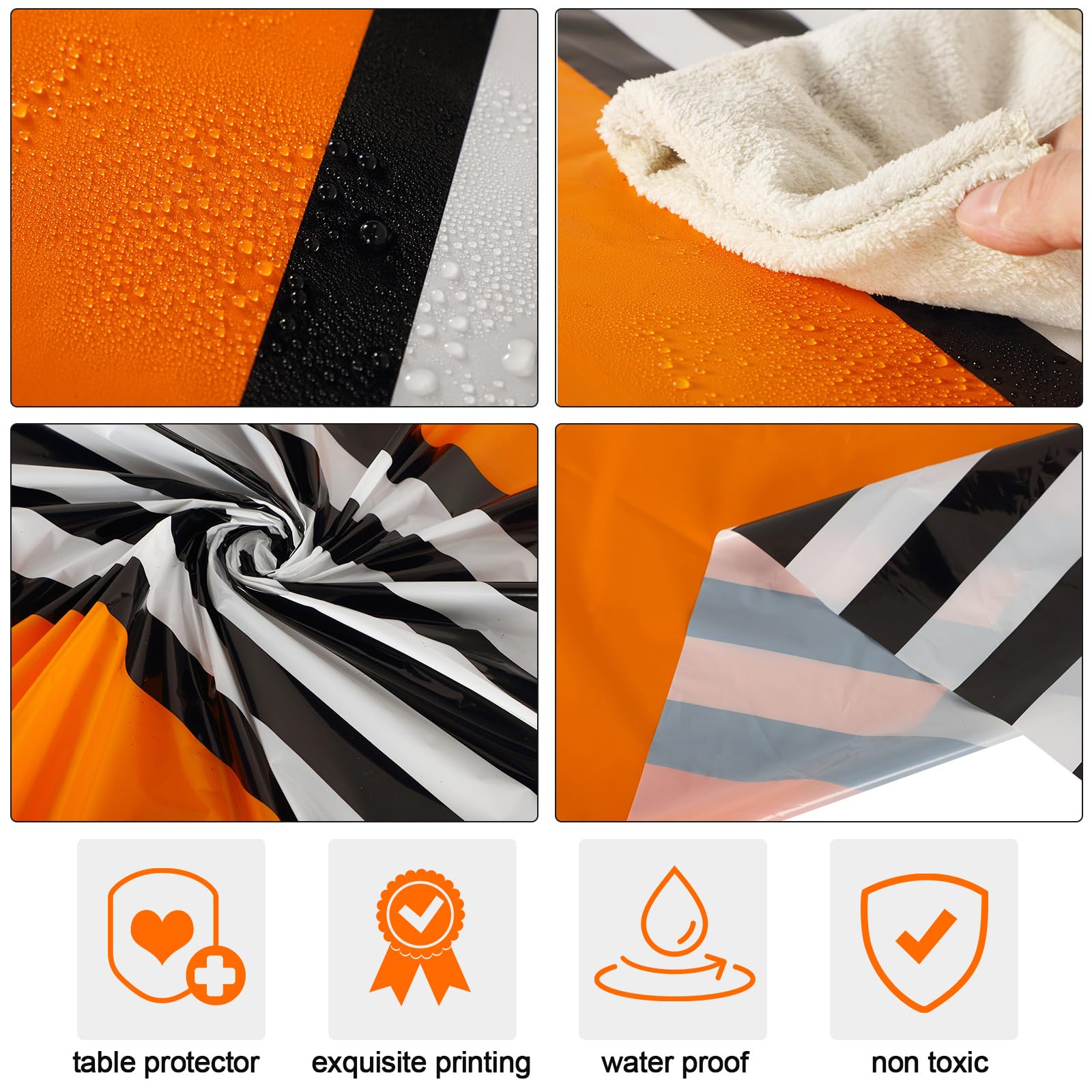 Oudain 6 Pcs Striped Tablecloth 108 x 54 Inch Disposable Plastic Table Cloth Waterproof Tablecloth Rectangle Table Cover for Birthday Wedding Bridal Party Supplies (Red White Orange)