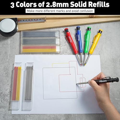 Miniatura 5 de Hiboom 5 lápices de carpintero mecánico, 30 piezas de repuesto para punta de nariz con afilador integrado, herramientas de fabricación de escritura