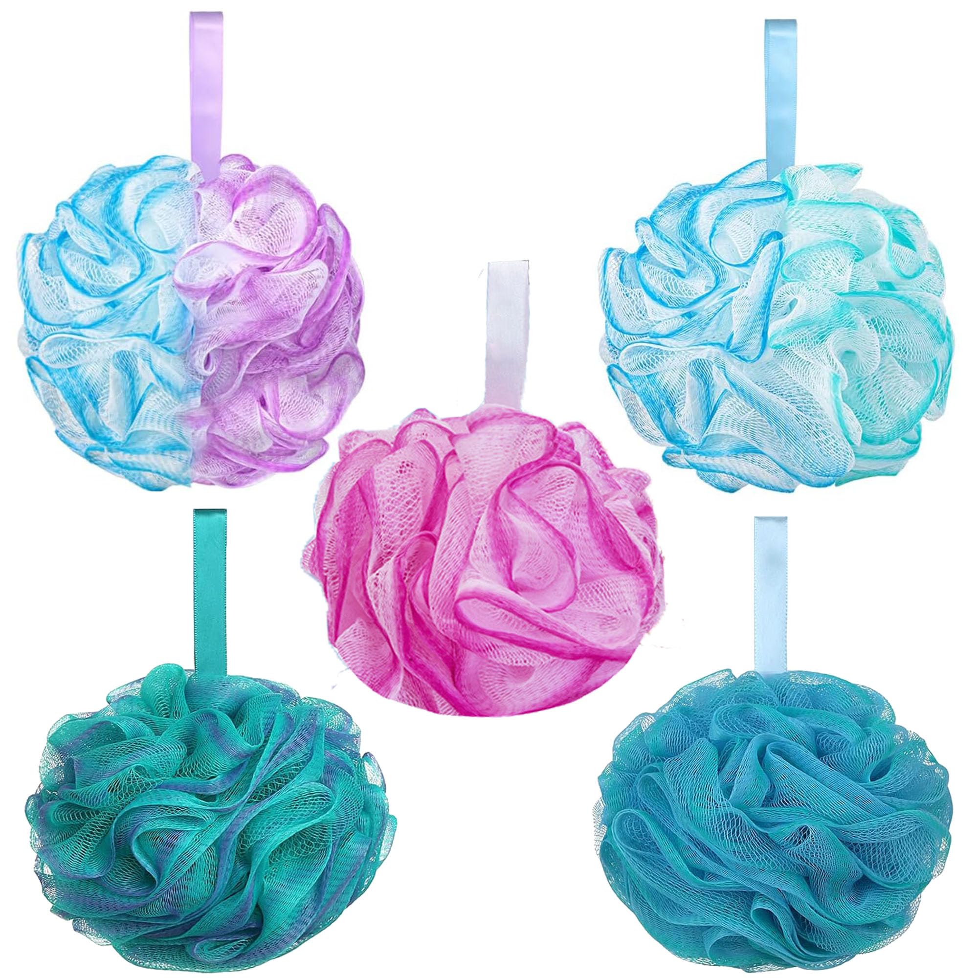 YUEMING 5 Piezas Esponja de Ducha, Esponja de Baño en Grandes Colores, Esponja de Lavado para la Ducha, Esponja Corporal, Tejido de Malla, Exfoliante, Limpieza, Calma la piel