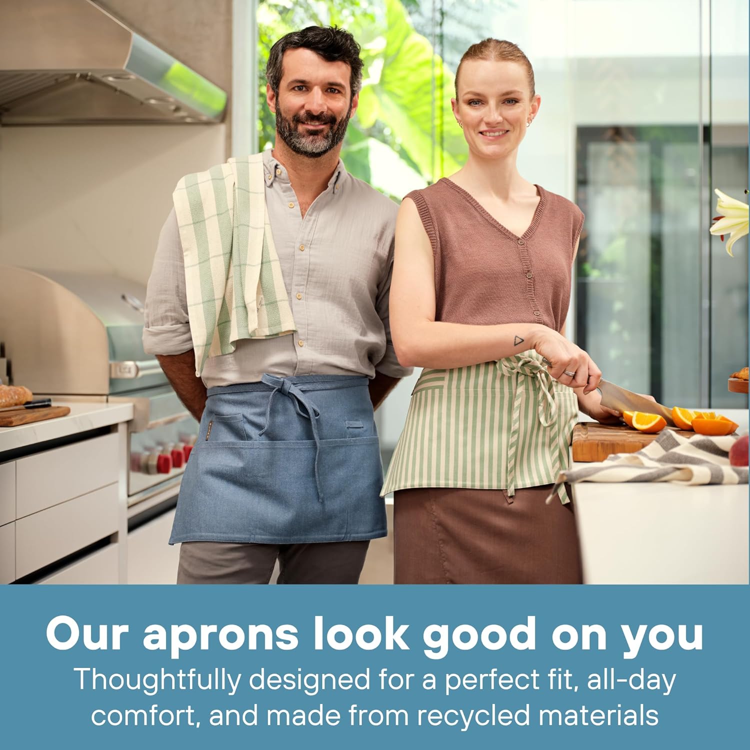 MEEMA Chef Waist Apron Cotton Fabric |Washable & Breathable Waitress & Server Half Aprons for Women with Pockets & Long Waist Straps | Cooking, Baking, Grilling & Crafting