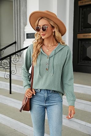 Nuofengkudu Women's Casual V Neck Button Down Long Sleeve Solid Color Hoodies Fall Winter Pullover Sweatshirt 2023