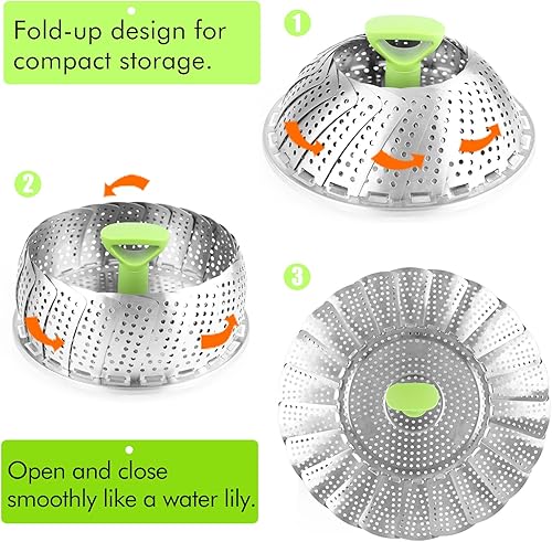 Miniatura 2 de Consevisen Cesta vaporera de verduras para cocinar alimentos, cesta de vapor vegetal de acero inoxidable para olla, inserto plegable expandible al