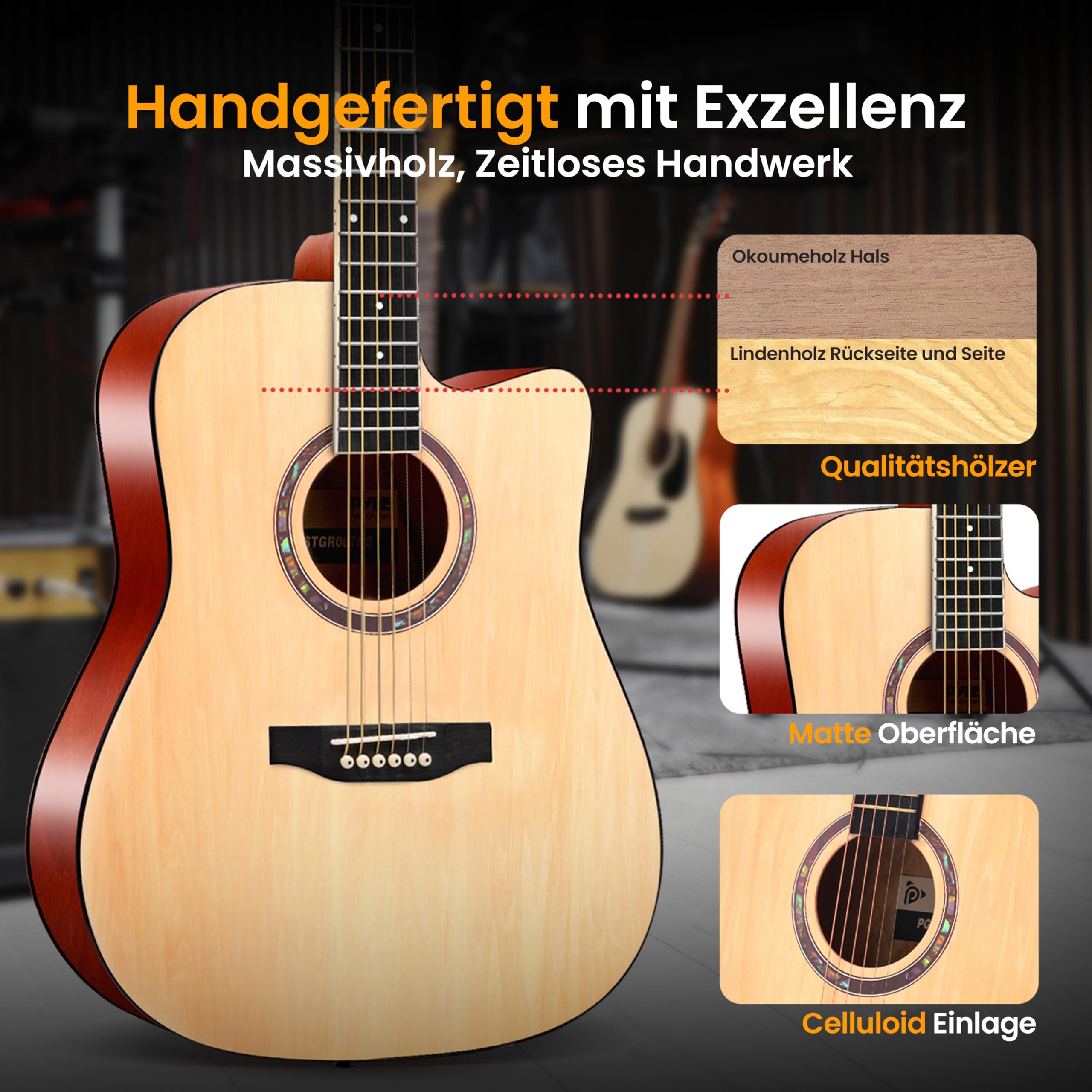Pyle Cutaway-Akustikgitarre, Rechtshändig, 4/4 Größe, Natur