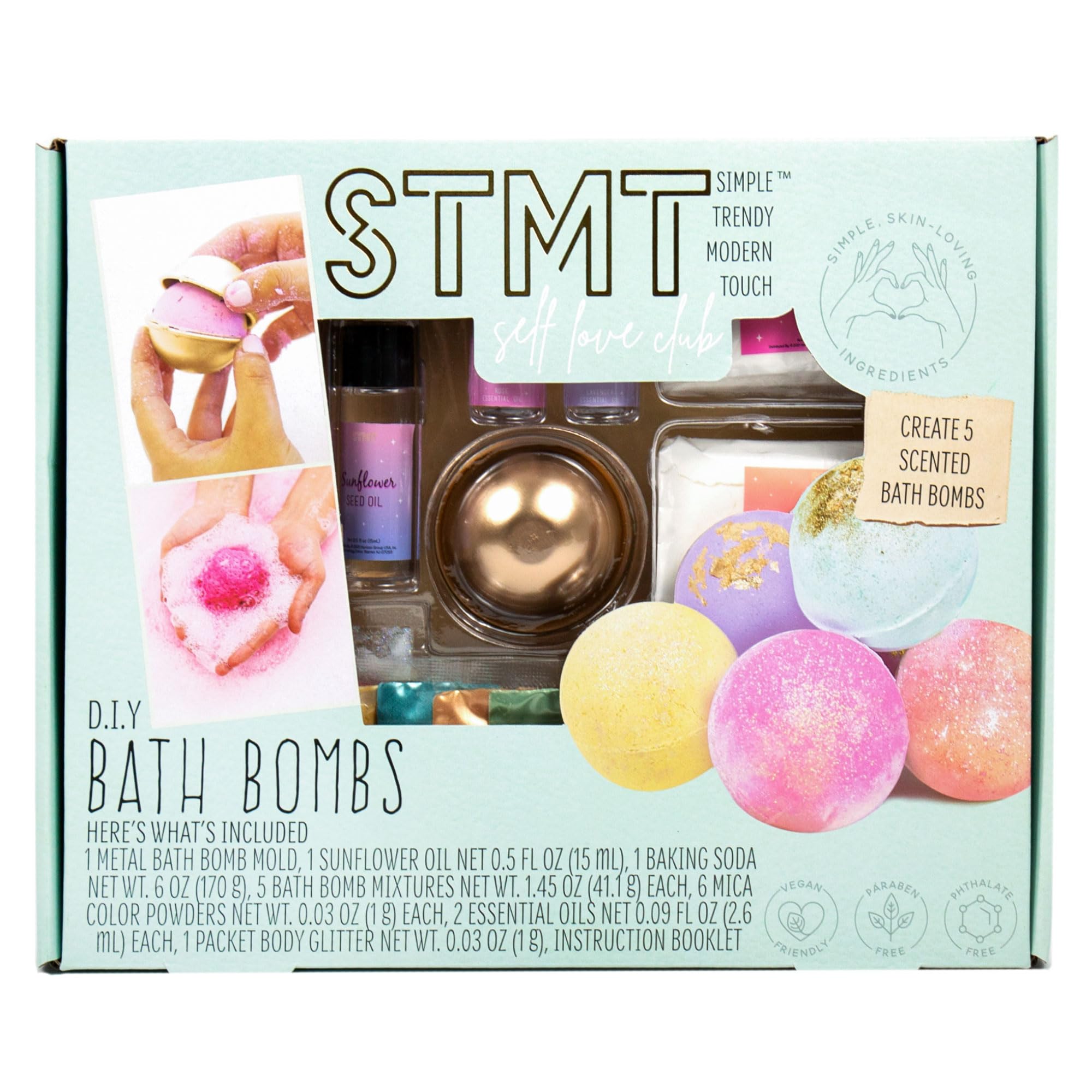 STMT Self-Love Club D.I.Y. Bath Bombs by Horizon Group USA, Create 5 Bath Bombs with Pastel Colors, Essential Oils & Clean Beauty Ingredients, DIY Bath Bomb Kit