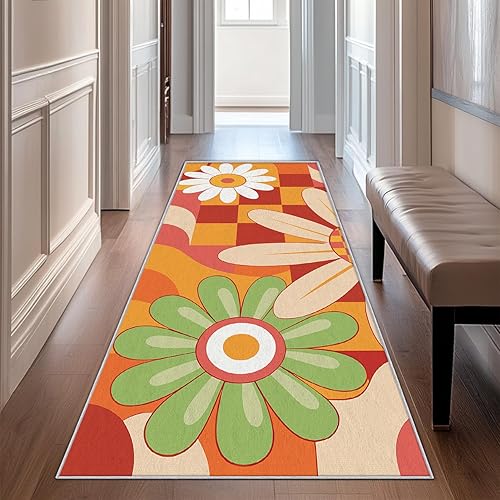 Retro 70s Runner Rug 3x12, Checkered Daisy Floral Orange Yellow Runners for Hallways Non-Slip, Retro 70s Hallway Decor Rug for Bedroom Kitchen