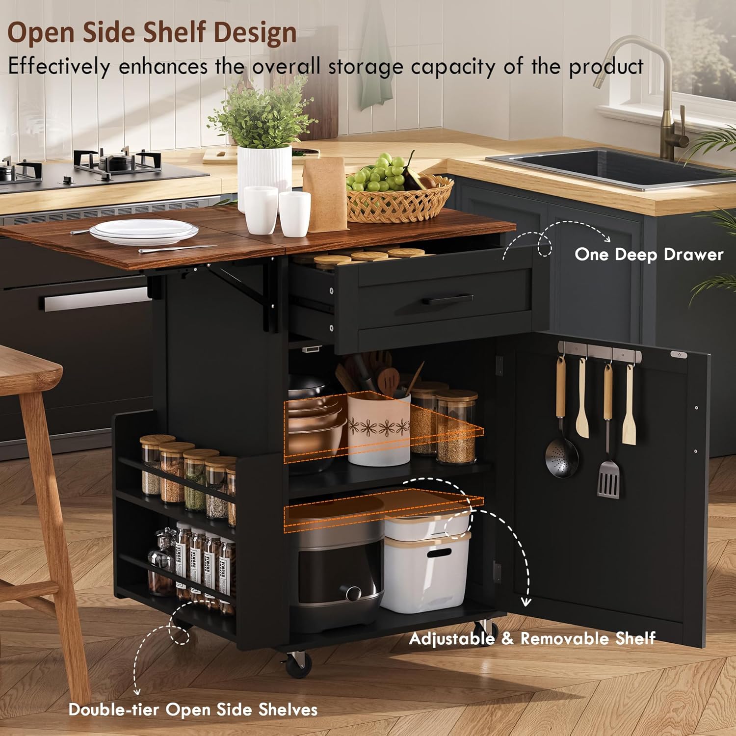 Kitchen Island with Storage, Rolling Kitchen Table on Wheels with Drop Leaf - Open Spice Rack&Towel Rack, Drawer, Cabinet, Adjustable&Removable Shelf, for Kitchen, Dinning Room, Black