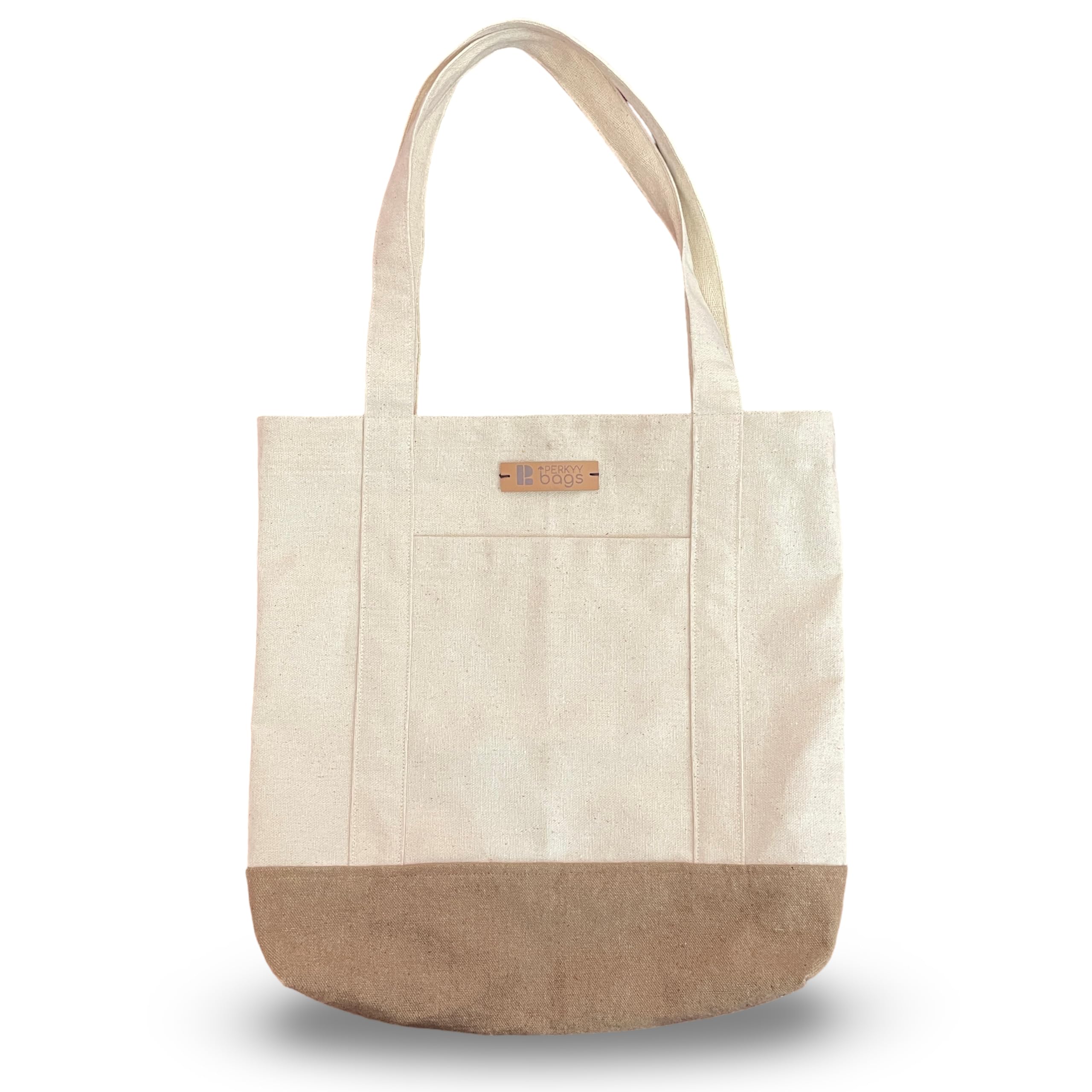 Canvas Tote Bag with Dual Handles, Natural White and Beige Color, Stylish Leather Tag