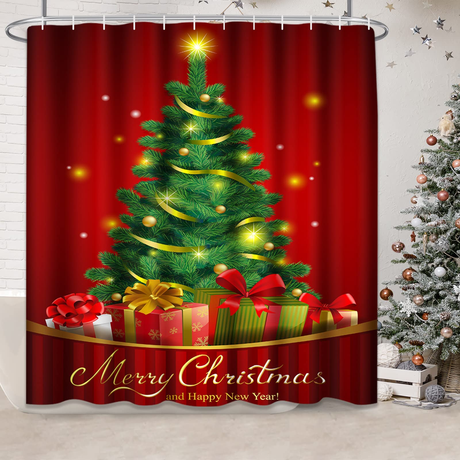 Rideau de douche sapin de Noël 183x183 tissu imperméable avec crochet