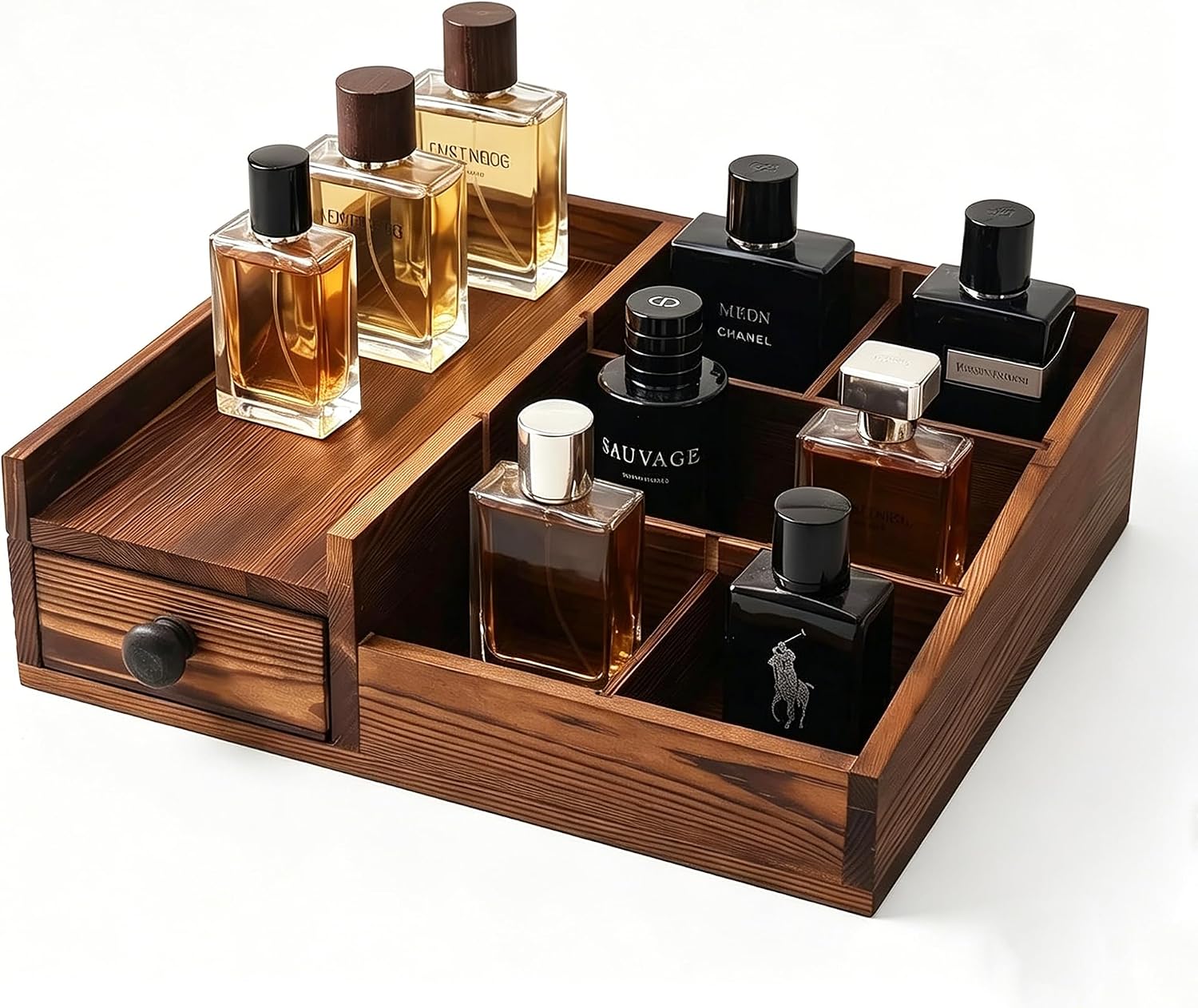Cologne Organizer for Men - Wooden Cologne Stand Holder with 6 Adjustable Compartment, Mens Perfume Display Shelf Tray, Brown Cologne Countertop Organizer for Dresser, Gifts for Men