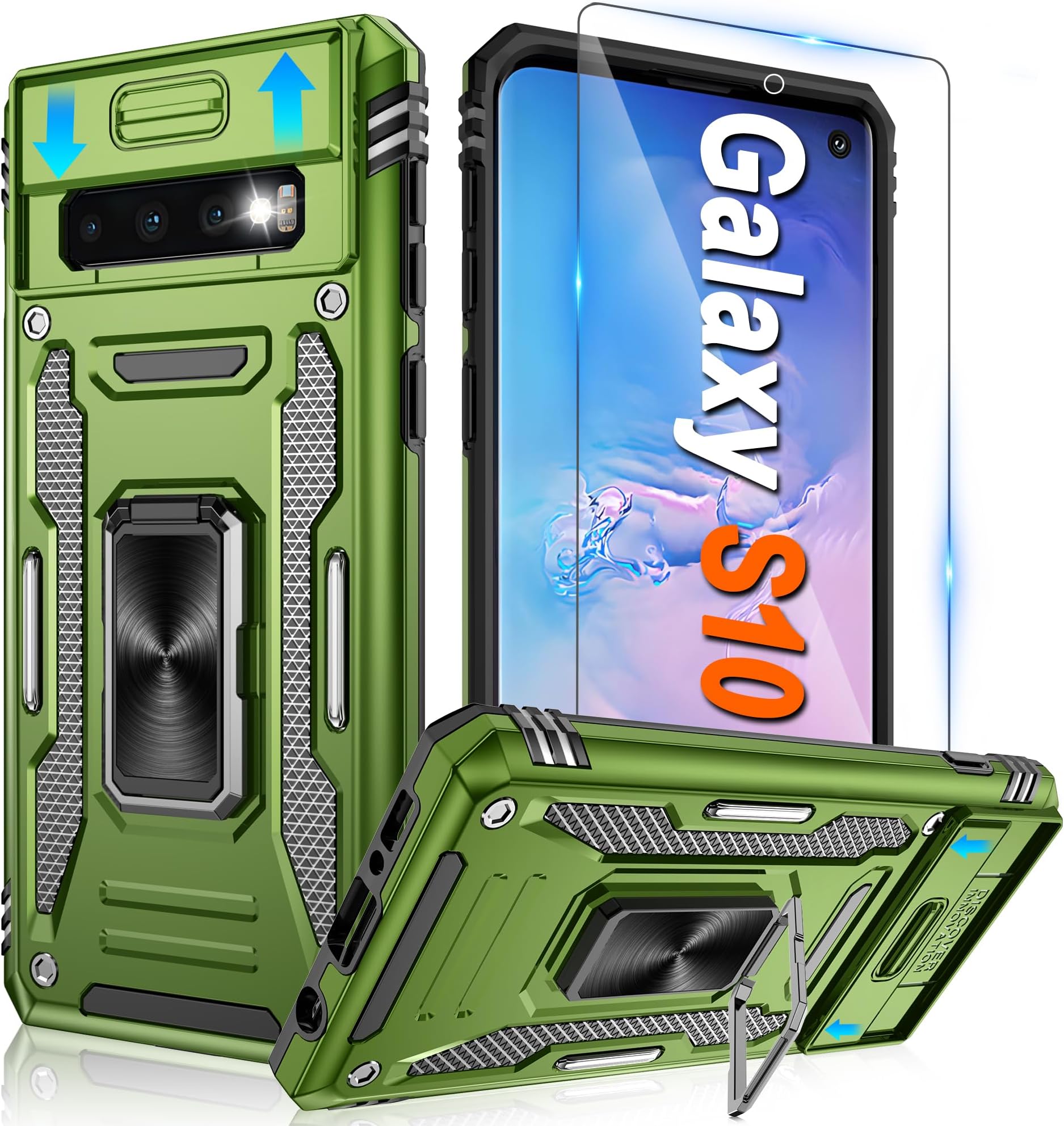 for Samsung Galaxy S10 Case with HD Screen Protector with Slide Camera Cover, Atump 360° Rotation Ring Kickstand [Military Grade] Shockproof Protective Case for Galaxy S10 5G, Olive Green
