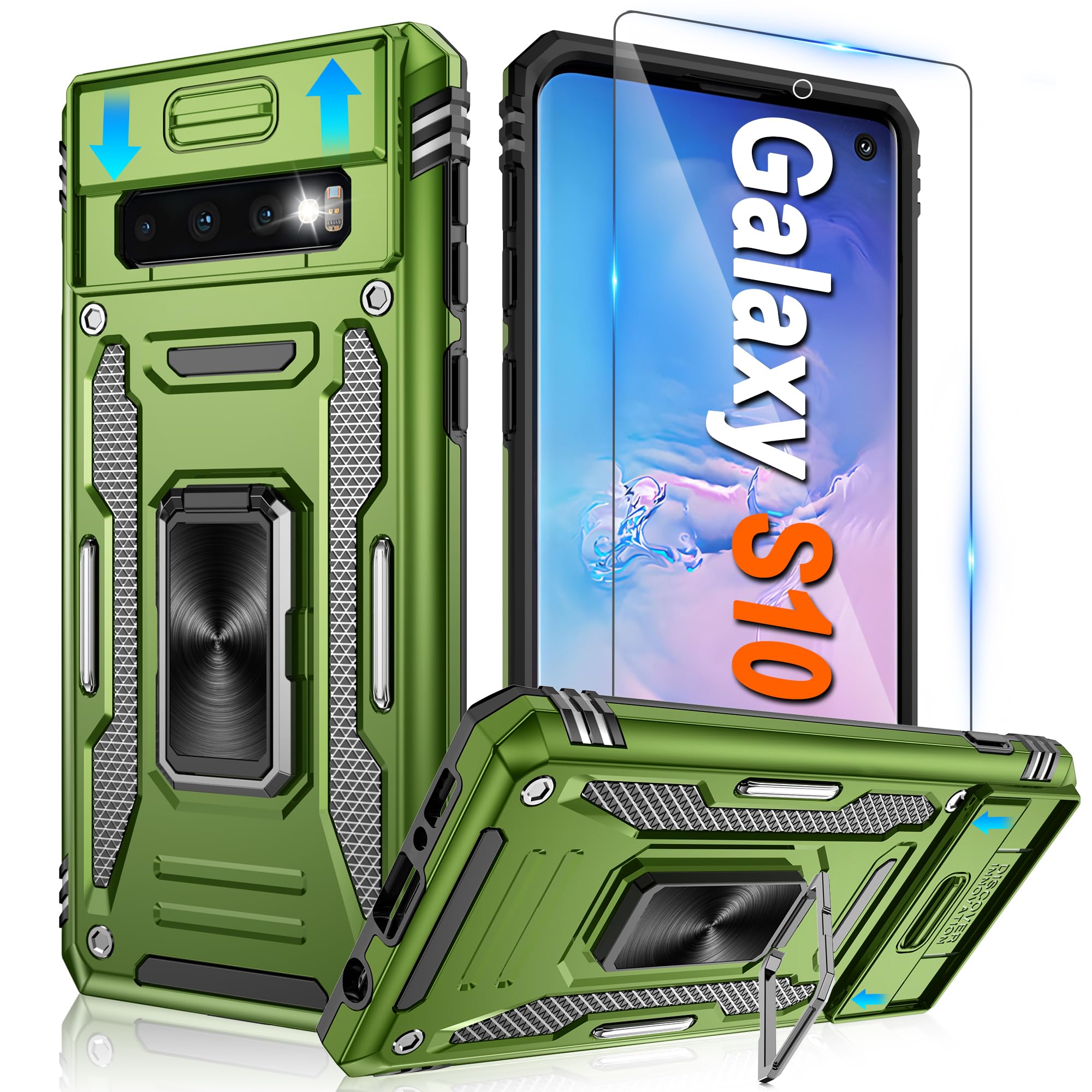 for Samsung Galaxy S10 Case with HD Screen Protector with Slide Camera Cover, Atump 360° Rotation Ring Kickstand [Military Grade] Shockproof Protective Case for Galaxy S10 5G, Olive Green