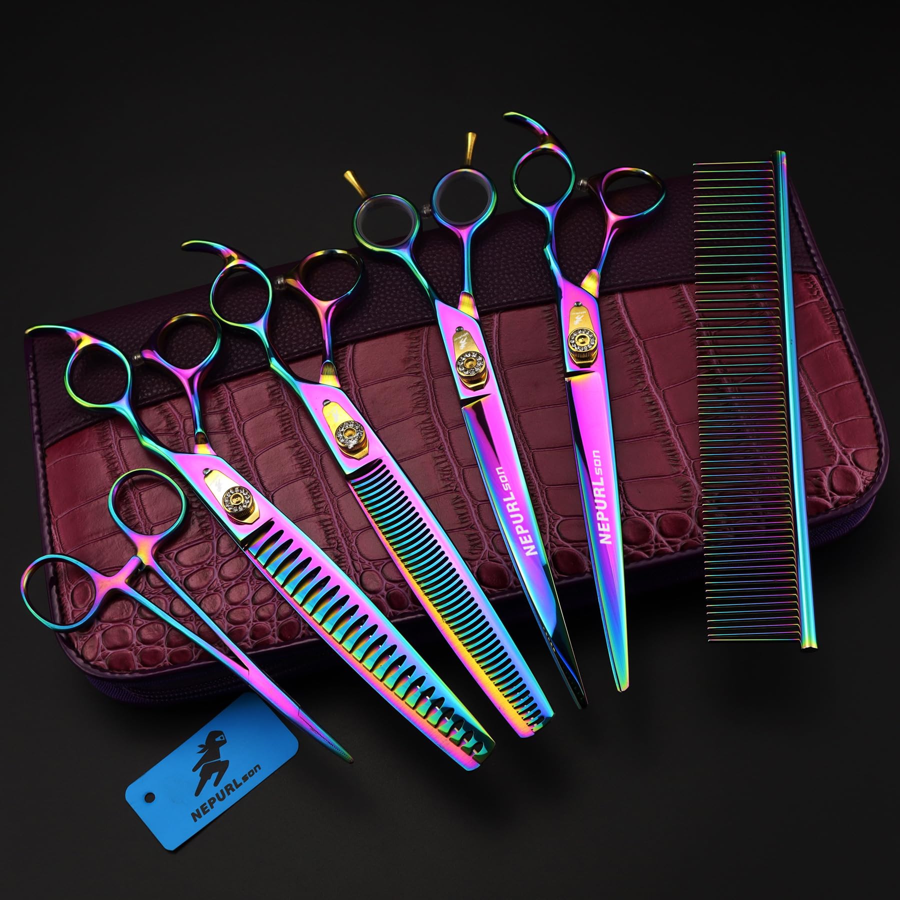 8.0 Inch Pet Grooming Scissors Set - 440C Stainless Steel Straight Curved and Texturizing Shears with Rainbow Finish, Grooming Comb and Storage Case for Dog Grooming