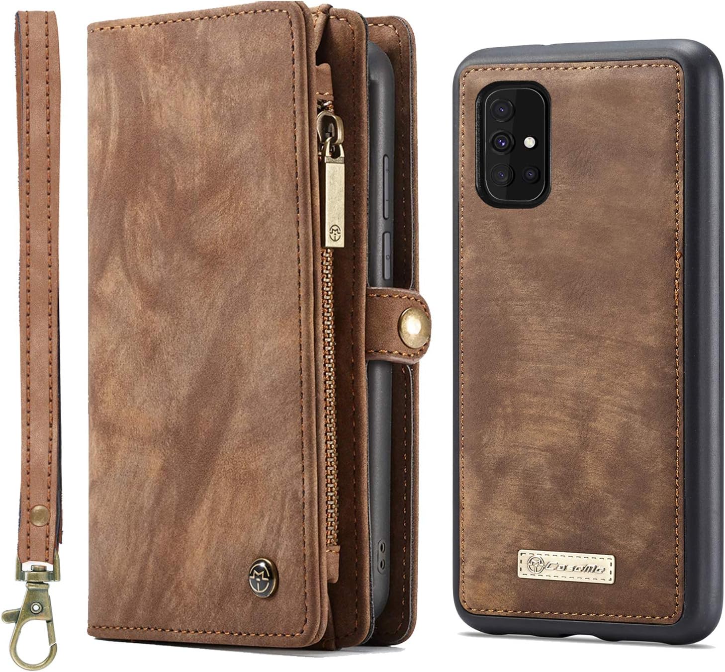 Simicoo Samsung A71 4G Wallet Leather Case Detachable Magnetic Zipper Flip Case 11 Card Slots Holder Wrist Strap Handle Shockproof Cover Pocket Wallet Handbag for Samsung A71 4G (Brown)