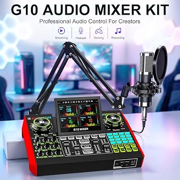 Podcast Equipment Bundle with 3.5mm P15 Condenser Microphone for Pc/Phone Live Streaming Singing Gaming, Podcast Microphone Bundle with Live Sound Board Audio Mixer,Voice Changer, Denoise,DJ Sets