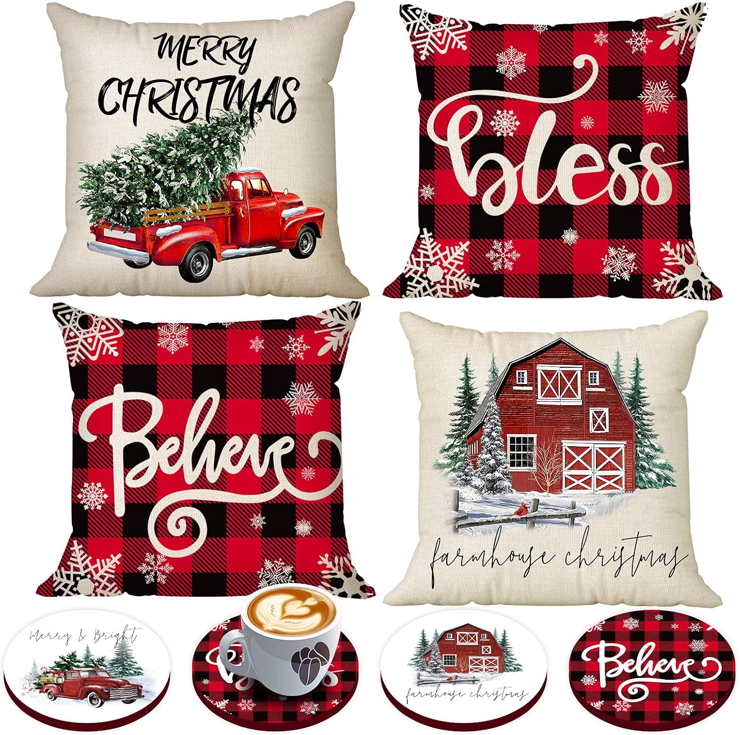 Set of 4 Buffalo Plaid Christmas Pillow Covers 16x16 with 4 Bonus Coasters, Bless Believe Cushion Case Red Plaid Pillow Covers Farmhouse Tree Truck Rustic Christmas Decorations