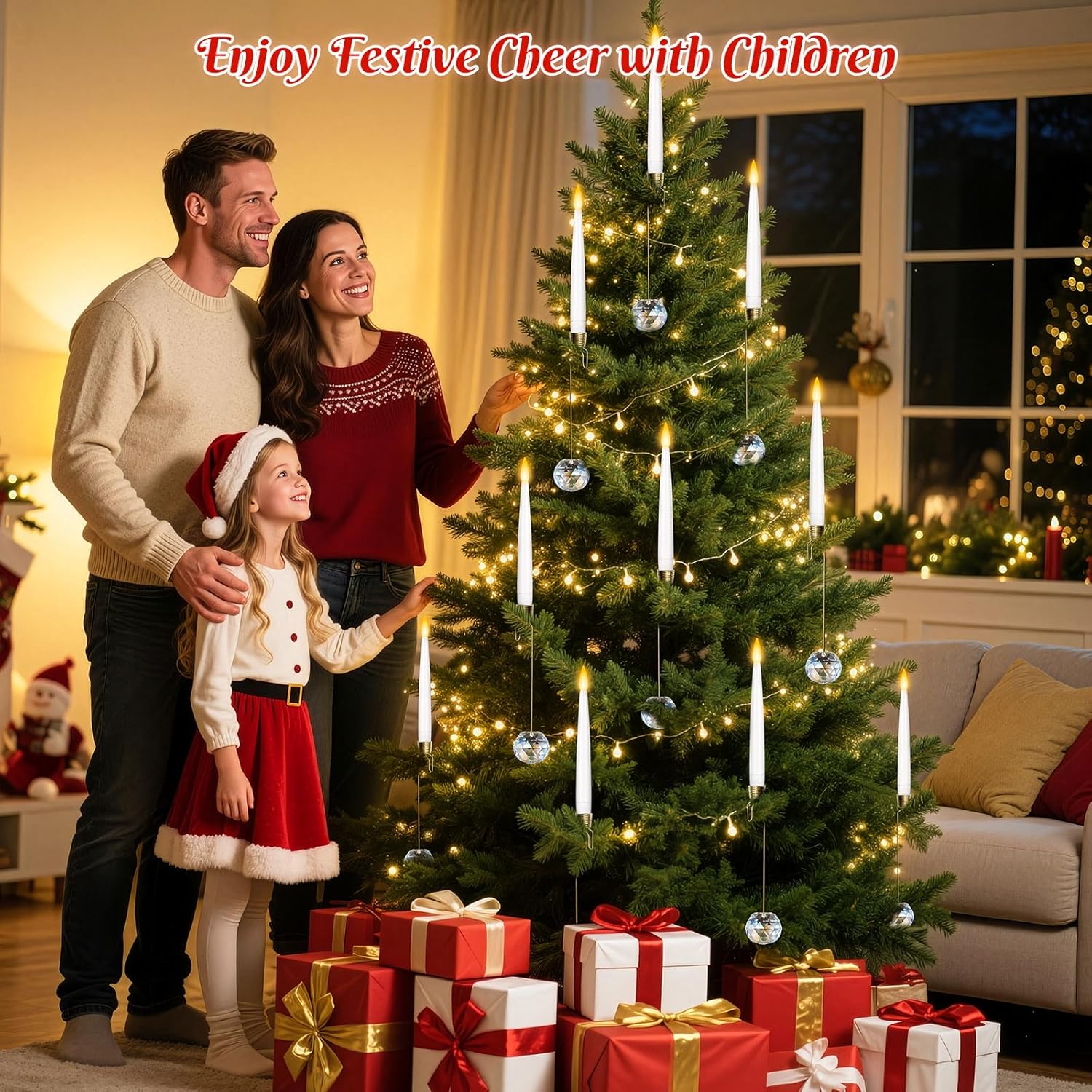 0.4" x6" LED Short Taper Candles with 12 Crystal Ball Hooks, 12 Pcs Flameless Christmas Tree Hanging Candles with Remote, Battery Operated Taper Candle for Xmas, Home, Indoor and Party
