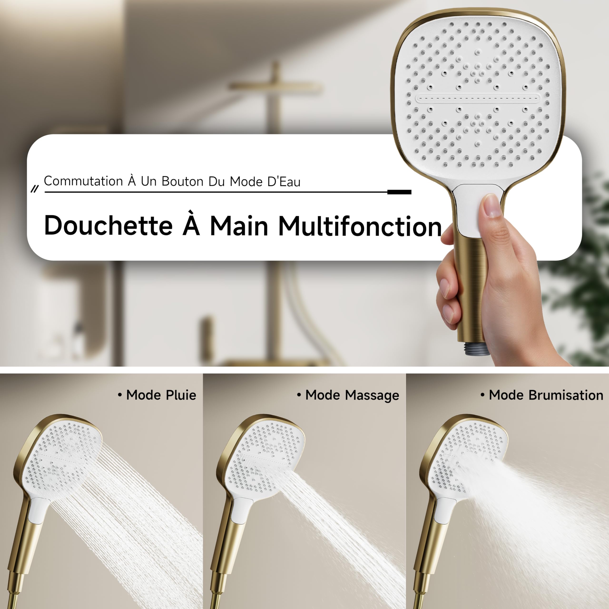 Colonne de douche, or brossé, colonne de douche thermostatique | Système de douche à 4 fonctions avec une pomme de douche 350 × 220 mm, une douchette, un pistolet et une sortie d'eau basse