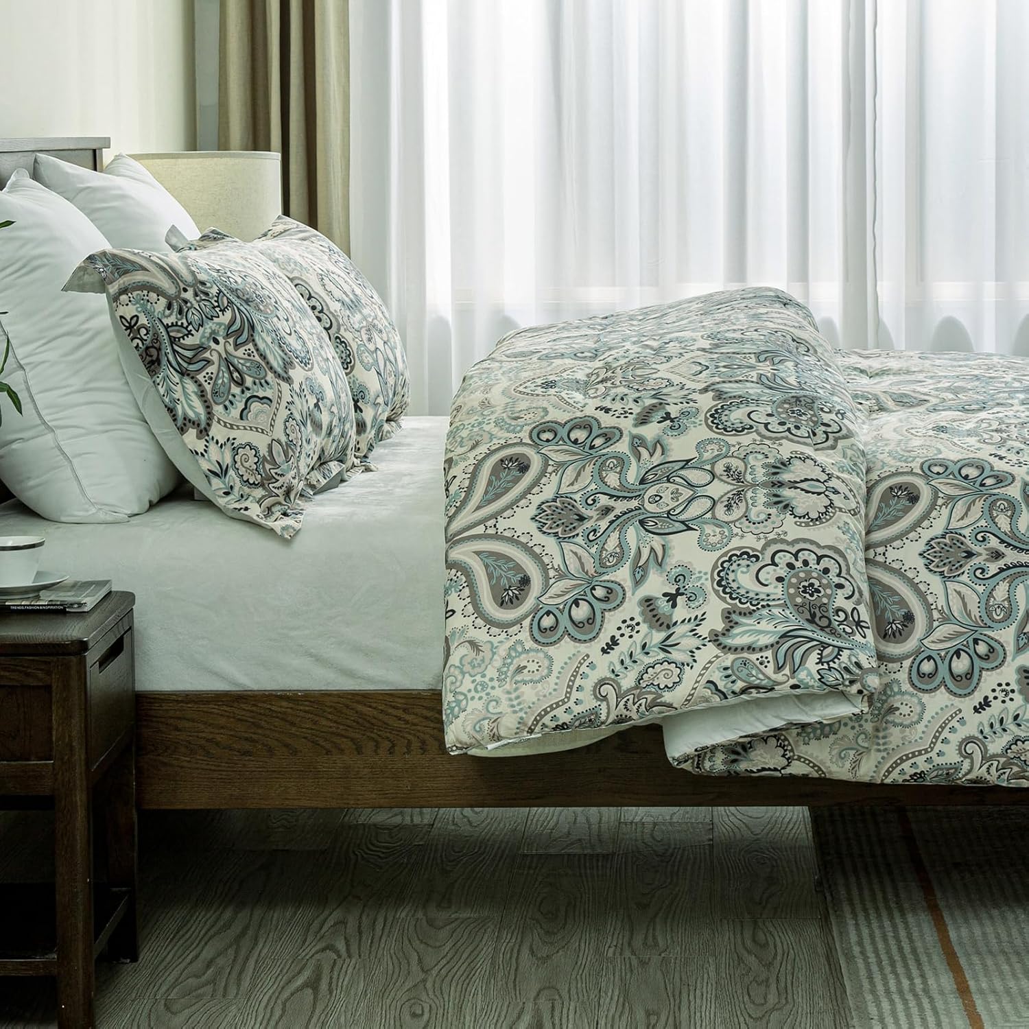 Finlonte Queen Size Comforter Set - Damask Paisley Floral Queen Comforter Bedding Set, 100% Cotton Soft Duvet Insert, Fluffy Cooling Lightweight Quilted Bed Set for Queen Size Bed, 90" × 90", 3pcs - Image 7