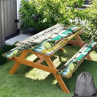 Picnic Table Cover with Bench Covers Elastic Edges, Camping Watercolor Wooden Table Cover, Outdoor Patio Camping Essentials 72 Inch 3PCS, Waterproof Washable Fitted Tablecloth with Drawstring Bag