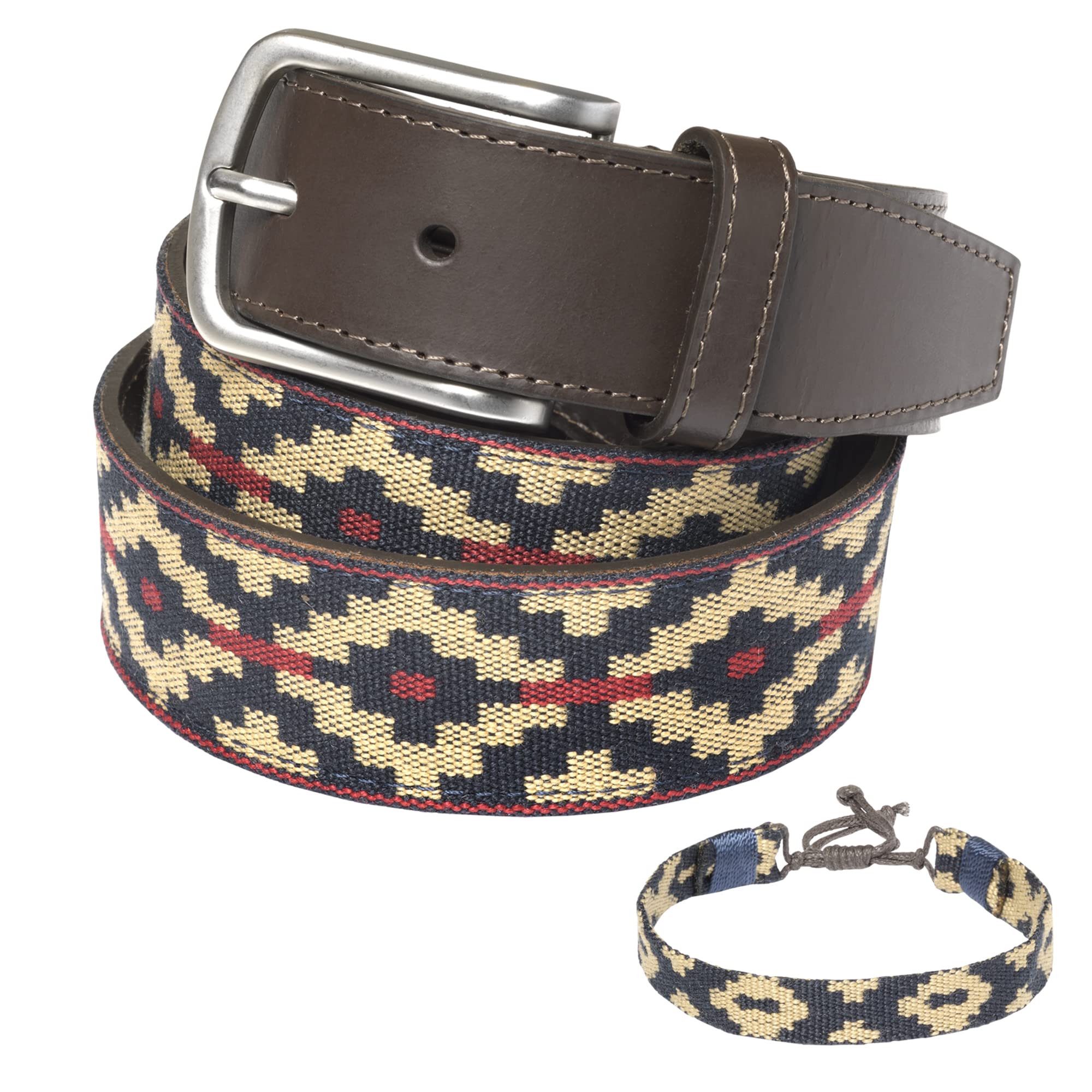 FABRIC-2 - Ledergürtel, mit passendem Leder- und Fadenarmband. Bestickter Gürtel auf Leder, für Männer und Frauen. Gürtel