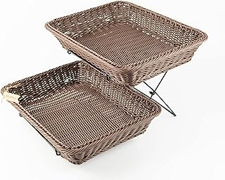 2Packs-Rectangular Wicker Bread Baskets with Metal Display Stand,Retail Display Baskets with Rack for Vegetable,Fruit and Dessert, Handwoven Wicker Food Serving Baskets(Brown)