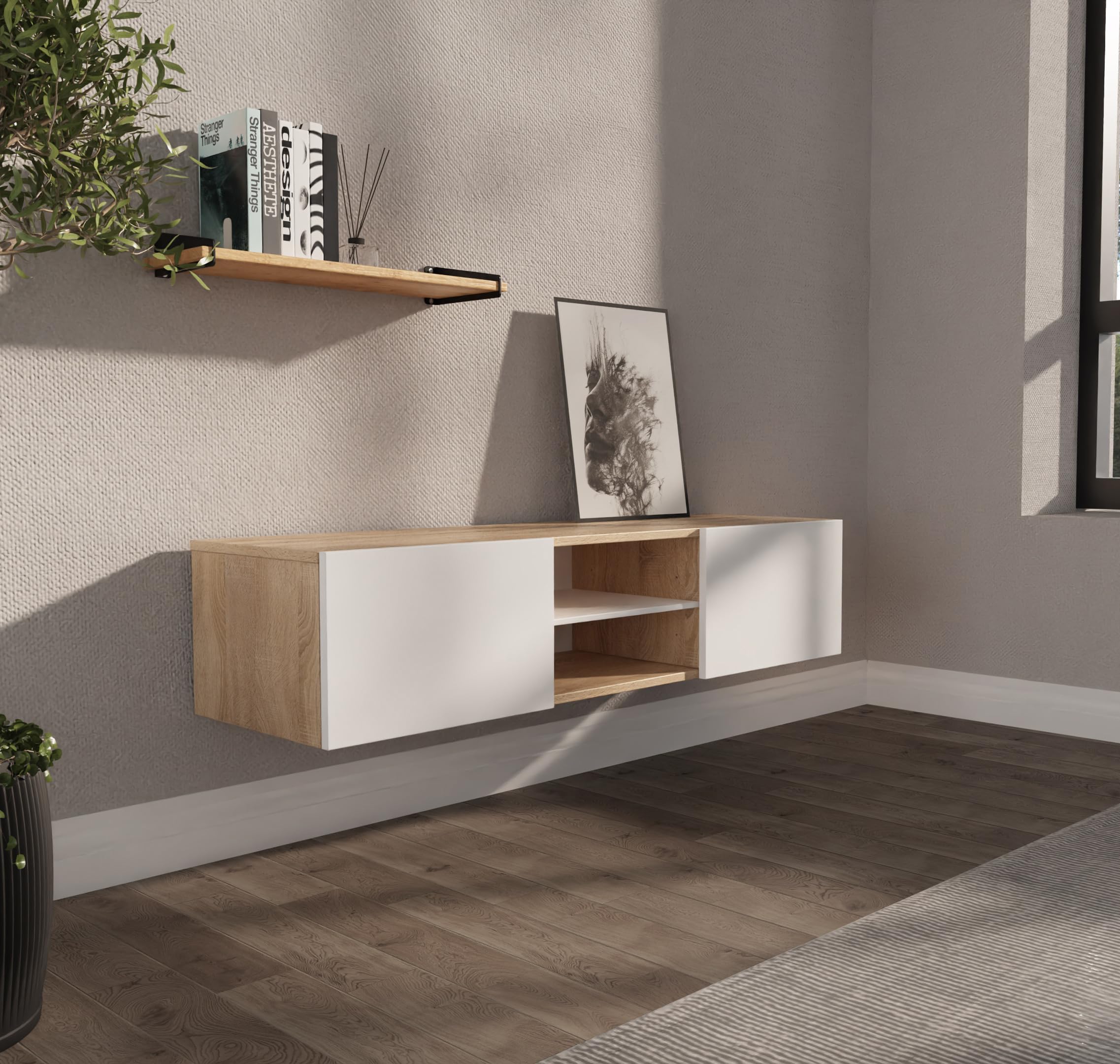 PLATAN ROOM TV Lowboard/Sideboard 140 cm breit Hängeschrank Fernsehschrank TV Kommode mit 2 Türen und offenem Fach in 5 Farbvarianten (Sonoma Eiche/Weiß Matt, 140 cm breit)