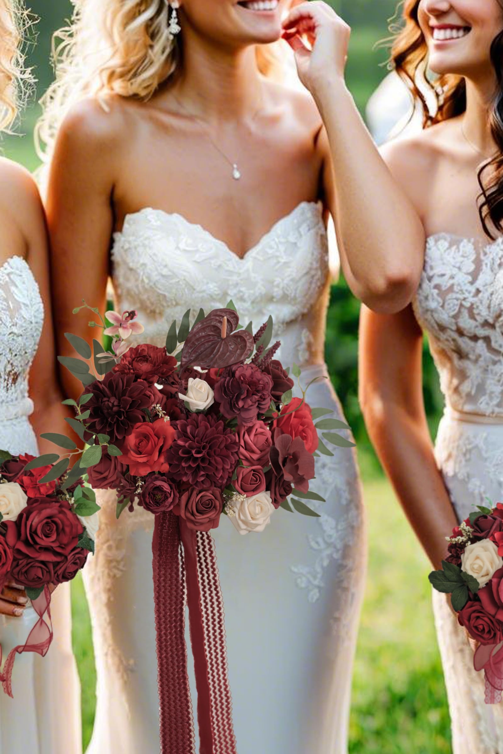 TINGE TIME 11 Inch Wedding Bouquets for Bride, Burgundy Artificial Flowers Bouquet, Brides & Bridesmaids Bouquet Tossing Bouquet for Wedding Anniversary Ceremony Bridal Shower Decorations