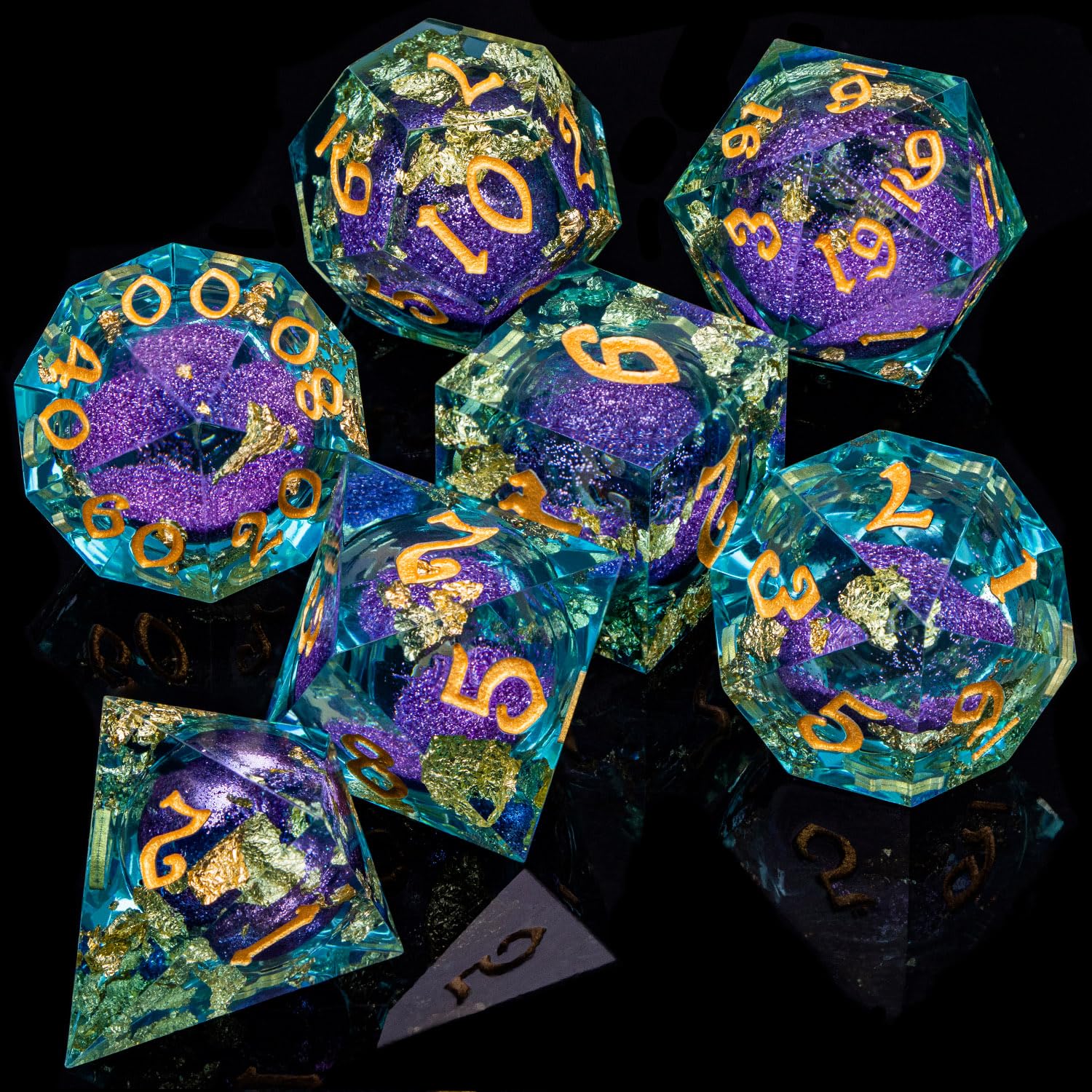 ARUOHHA Flüssiger Kern DND-Würfel-Set, 7-teilig, Kunstharz, scharfe Kanten, Drachenwürfel, RPG, Rollenspiele, polyedrische Dungeons, D- und D-Würfel mit Geschenkbox, D20, D12, D10, D8, D6, D4