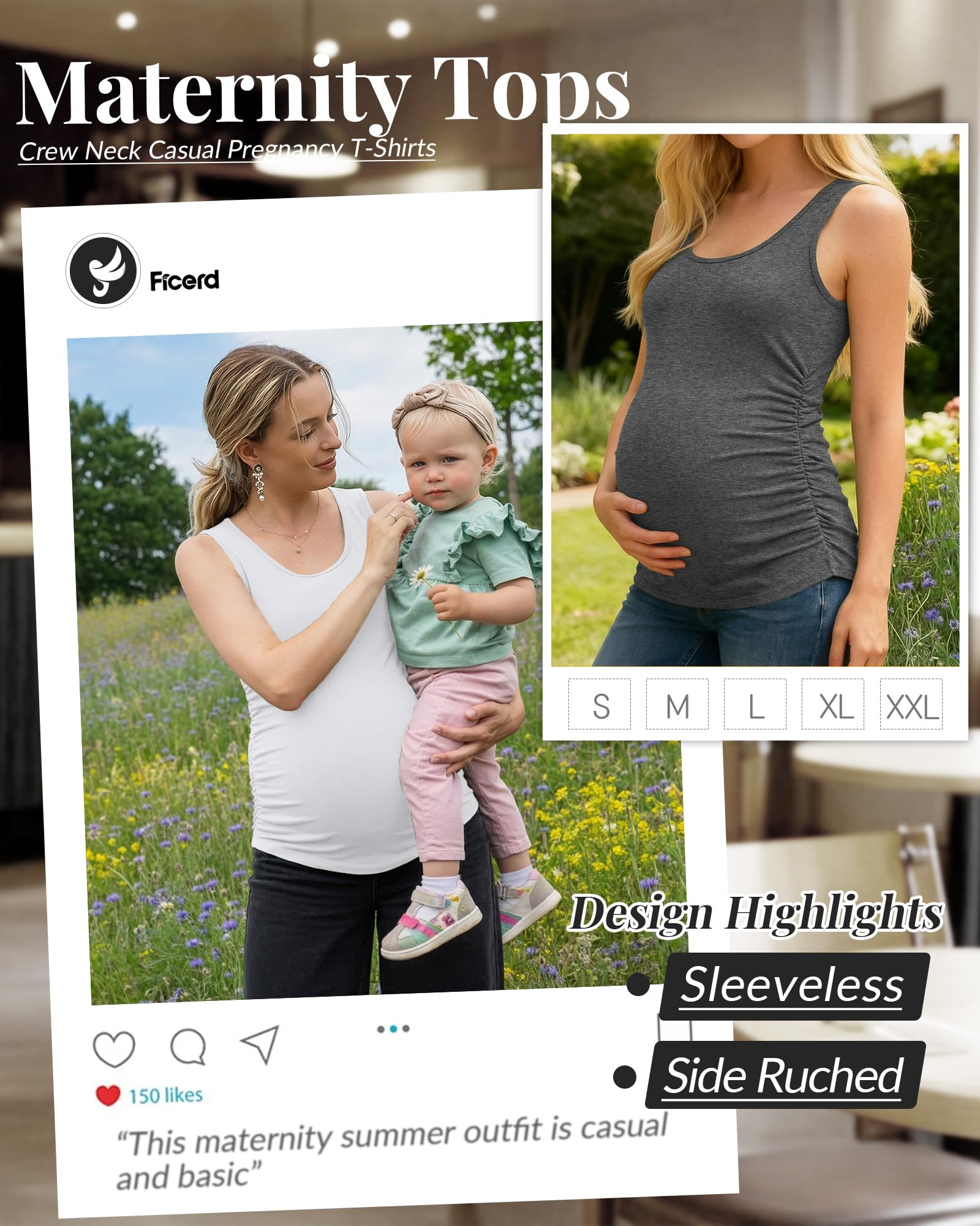 Ficerd Pack de 4 Camisetas Premamá de Tirantes Mujer sin Mangas con Fruncido Lateral Cuello Redondo Casual Verano