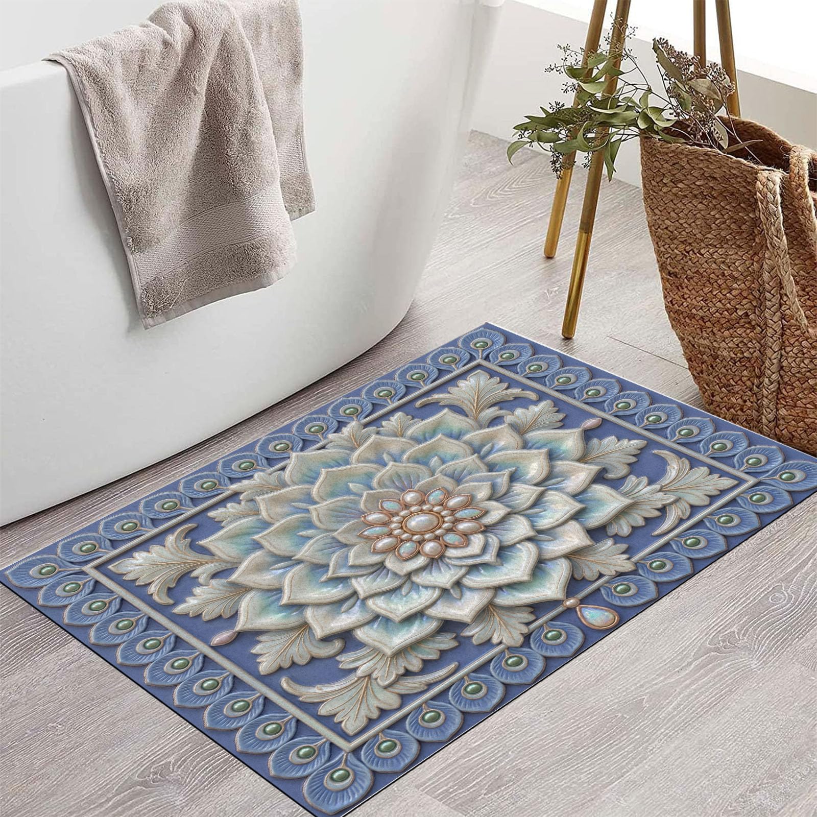 Zerbino Ingresso Interno Rilievo Tridimensionale A Forma Piuma Mandala, Zerbino Di Benvenuto Lavabile Morbida Fiori Perle Esotici, Antiscivolo Tappeto Da Decorazioni Blu Per Casa Porta, 90X150Cm