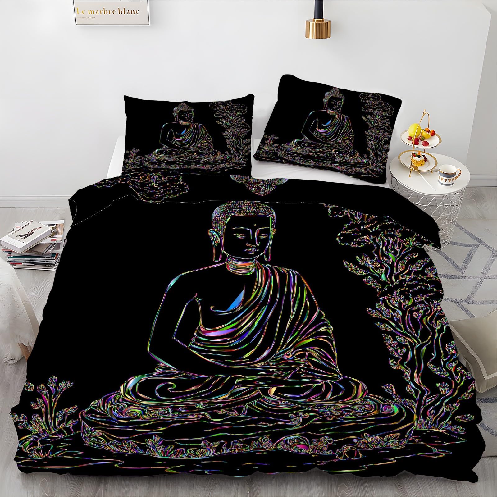 MLUNKQAIL Flower Bed King Size Duvet Cover Sets Buddha Bedding Sets King Size Microfibre Reversible King Size Bedding with Zipper Closure 3D Pattern Quilt Cover and 2 PillowCases 50x75cm