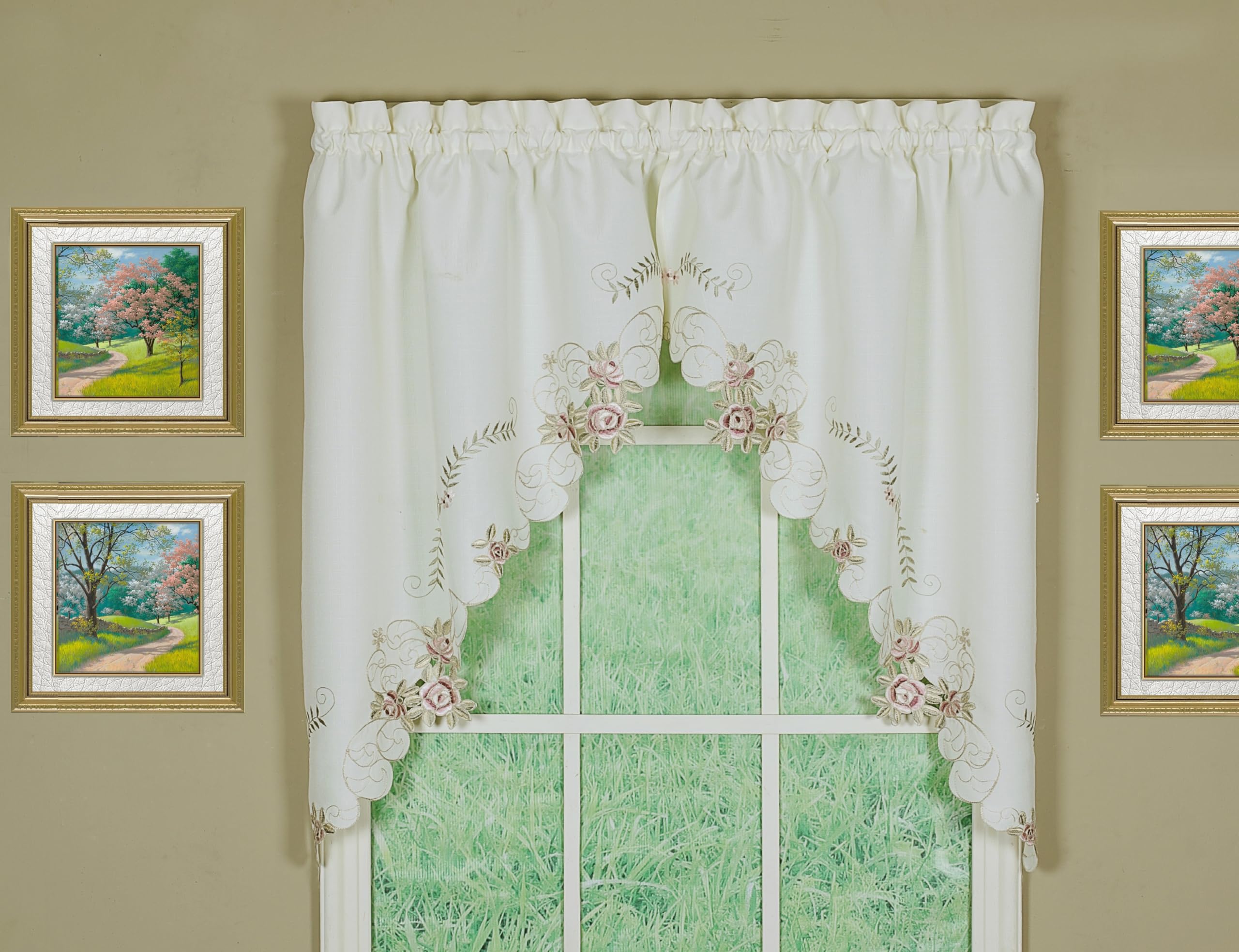 Verona Reverse Embroidery Window Swag, 38-Inch, Ecru/Rose