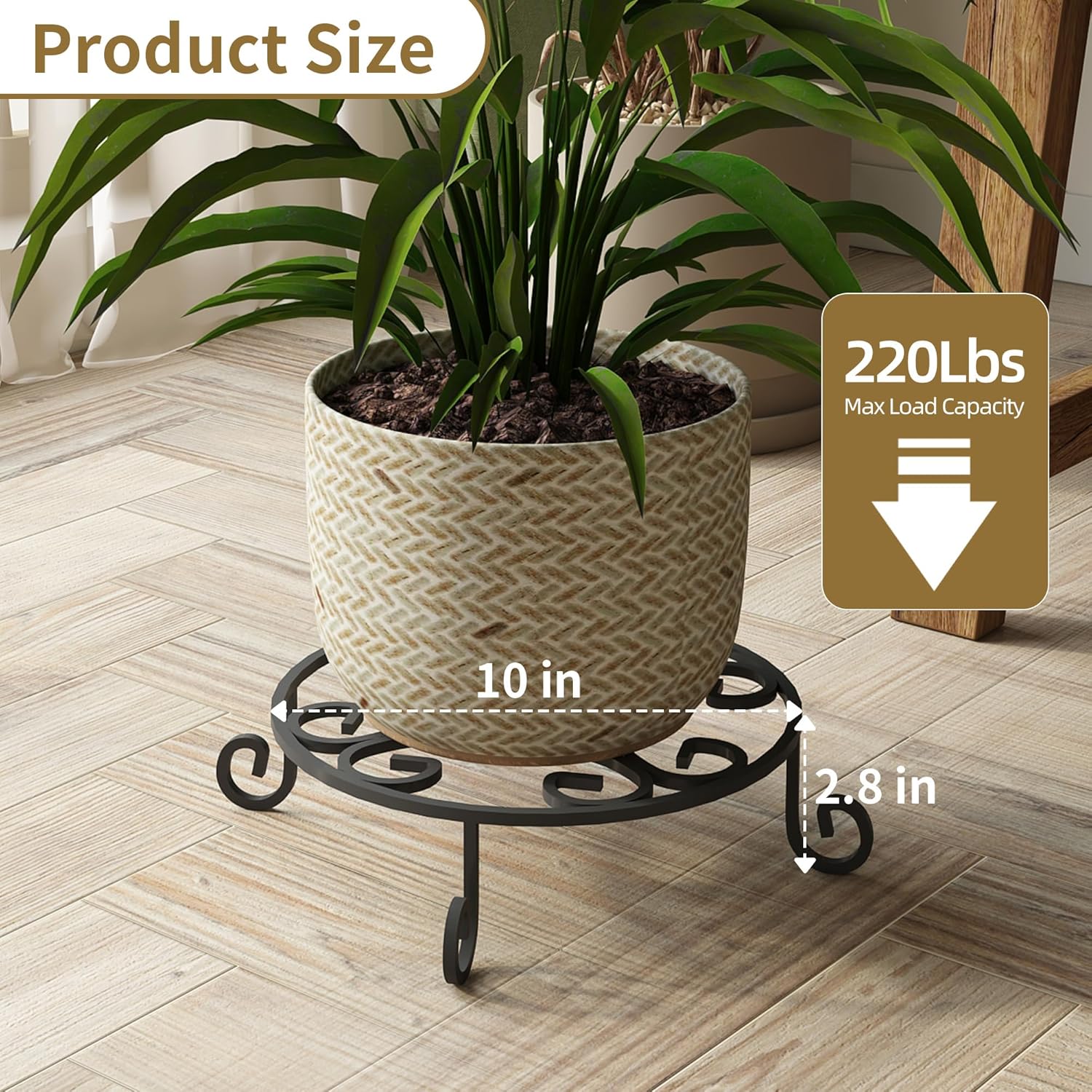 4 Pack 10” Diameter Metal Outdoor Plant Stand Indoor, Black Heavy Duty Potted Holder, Round Anti-Rust Wrought Iron Flower Planter Pot Display Stands for Home Garden