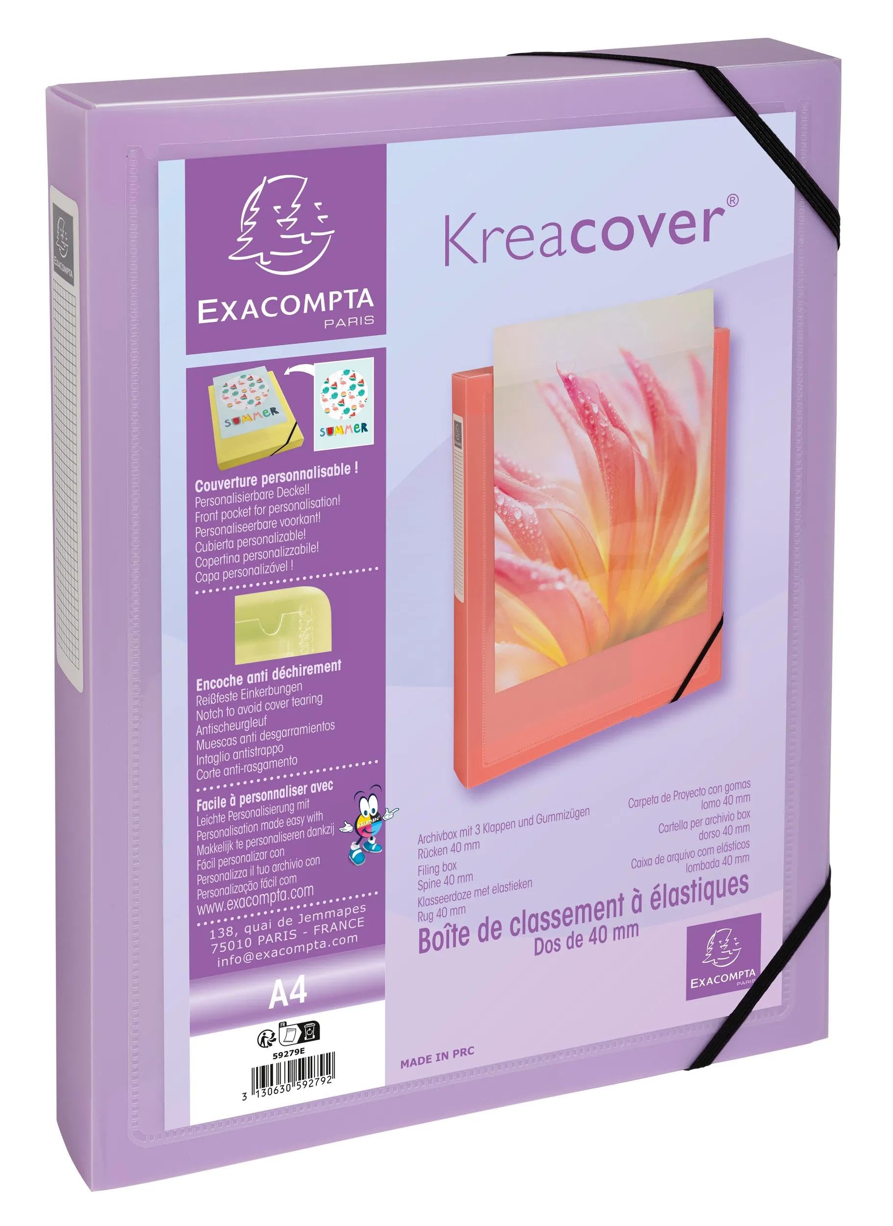 Exacompta - Réf. 59279E - 5 boites de classement avec élastiques Kreacover Pastel - en polypropylène - dos 4 cm - dimensions 25 x 33 cm - pour format A4 - livrées montées