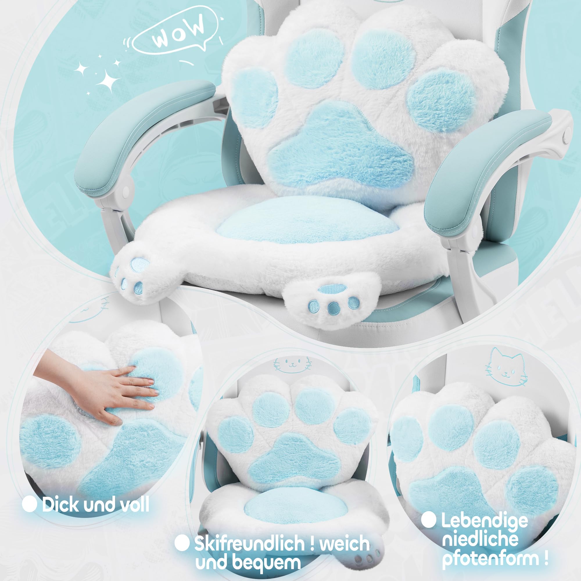 Chat Chaise Gaming Ergonomique Fauteuil Gaming avec Repose-Pieds, Coussin Lombaire et Oreilles de Chat, pour Femmes, Adultes, Adolescents, Bleu et Blanc