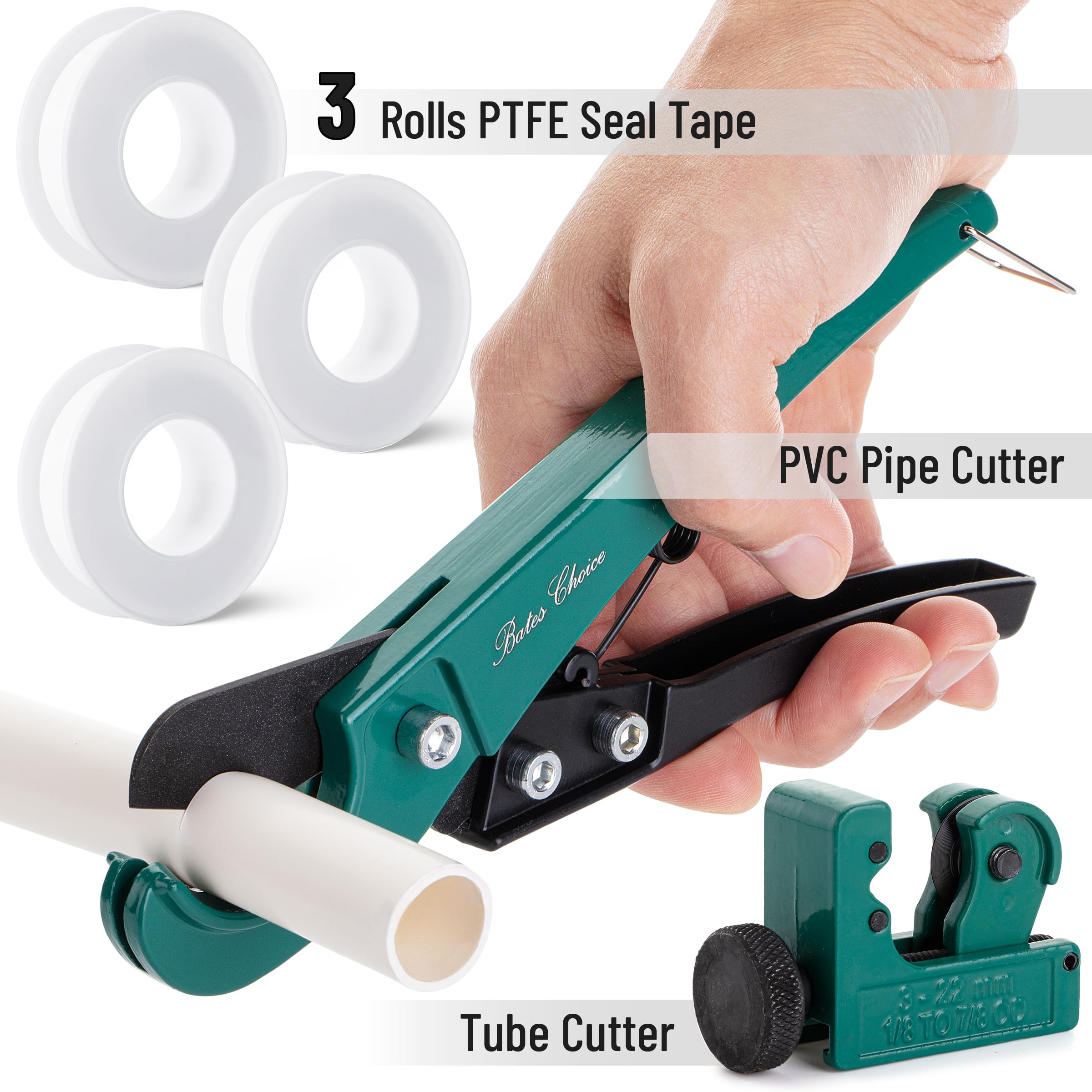 Bates- Cortador de tubos PEX, corta hasta 1-1/4 pulgadas, cortador de tubos de 1/8 a 7/8 pulgadas, cintas de sellado PTFE, herramientas PEX, herramienta de corte de manguera de goma, herramienta de