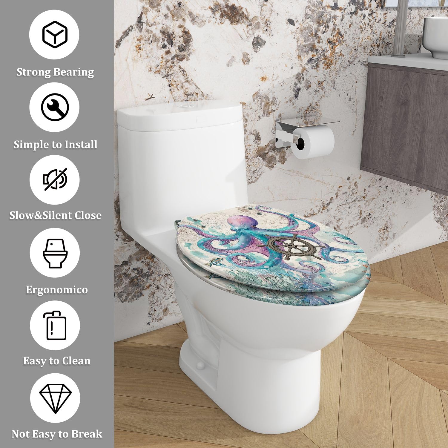 Asiento de inodoro alargado de resina con bisagras de liberación rápida para baño doméstico.