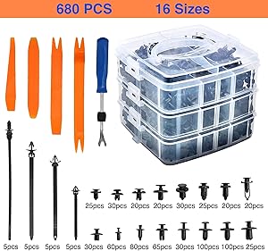 Kurala 680 PCS Car Push Retainer Clips 16 Most Popular Sizes Nylon Bumper Push Fasteners Rivet Clips Replacement Kit