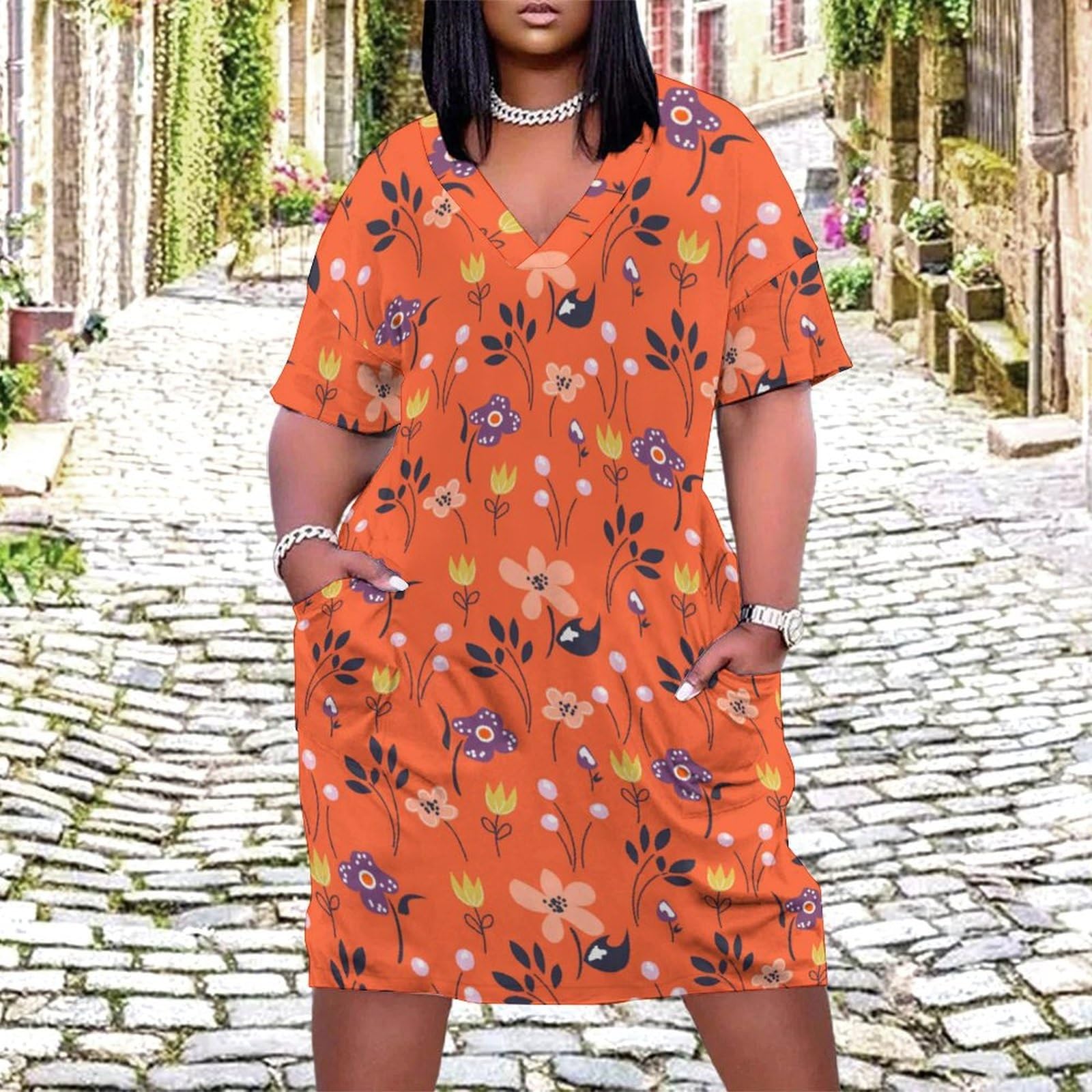 Vestido de Mujer Casual de Verano de Manga Corta, Moda Impresiones V Cuello Vestidos con Bolsillo, Vestidos Largos de Playa Talla Grande Suelto