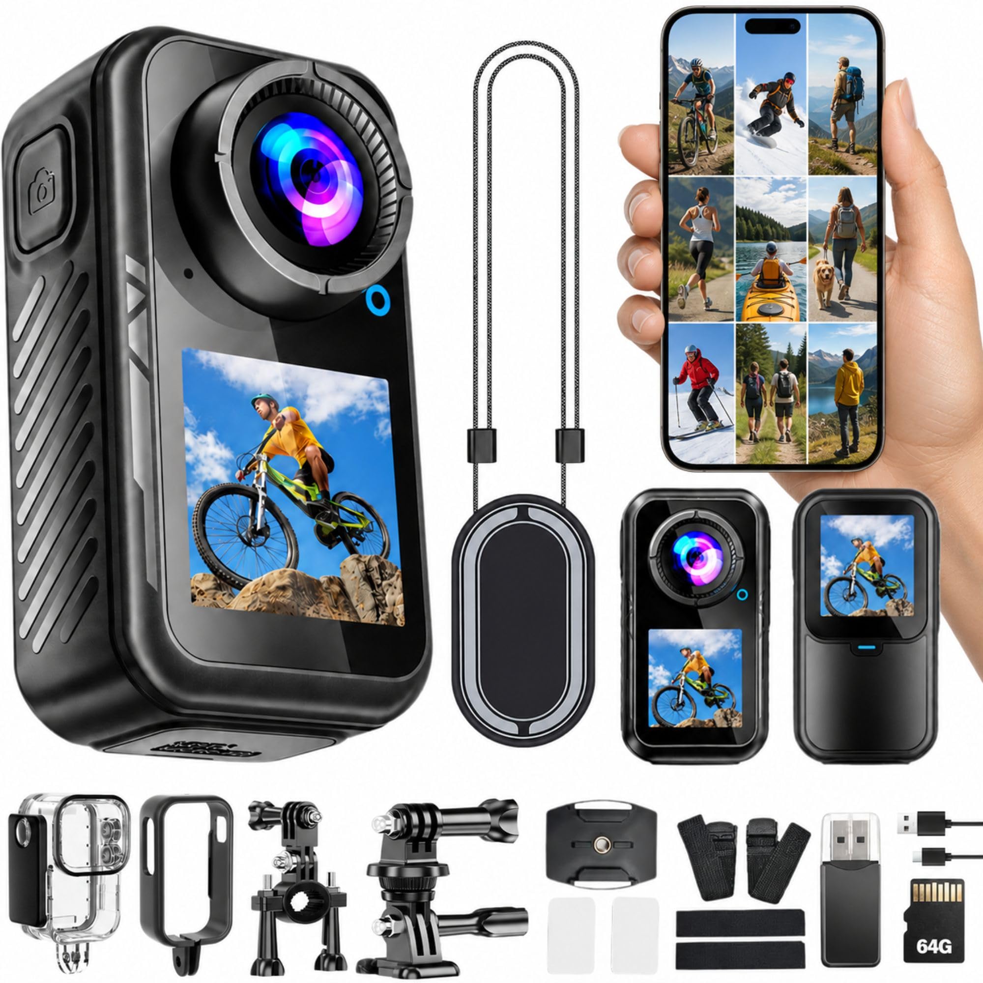 Caméra Sport 5K 64MP, Mini Caméra d’Action Magnétique 66g, Double Écran 1,3", Caméra Vlog POV pour Vélo & Voyage, Stabilisation 1080P, Étanche 30M avec Boîtier, Carte 64Go