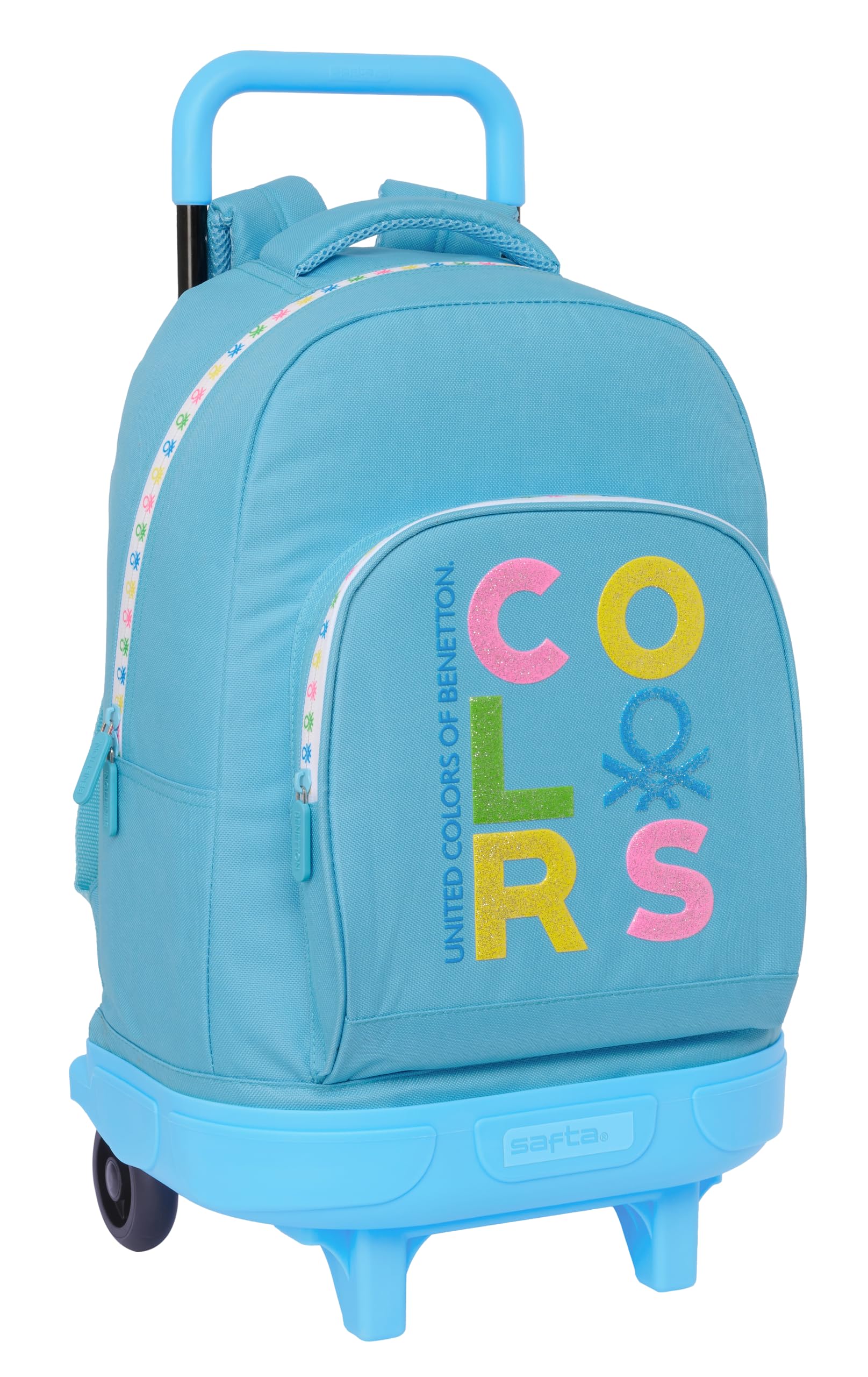 Safta Benetton Spring - Mochila Grande con Ruedas, Compacta, Extraíble, Ideal para Niños de Diferentes Edades, Cómoda y Versátil, Calidad y Resistencia, 33x22x45 cm, Color Celeste