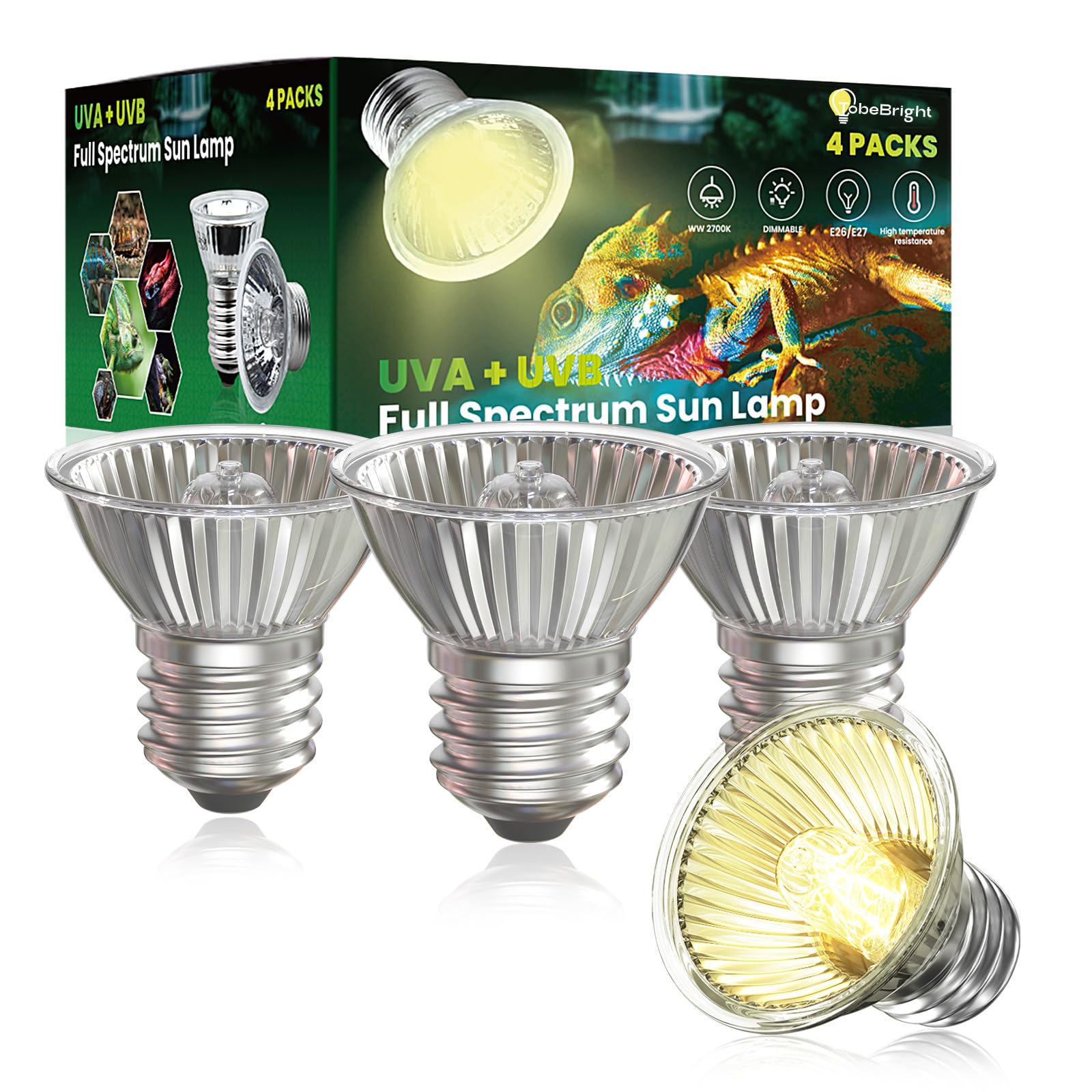 4Pack 50W Reptile Heat Lamp Bulbs,UVA UVB Reptile Light Bulb,E26 Heat Bulb for Reptiles,Dimmable Basking Light Bulb,Full Spectrum Sun Lamp for Turtle,Lizard,Bearded Dragon and Amphibians